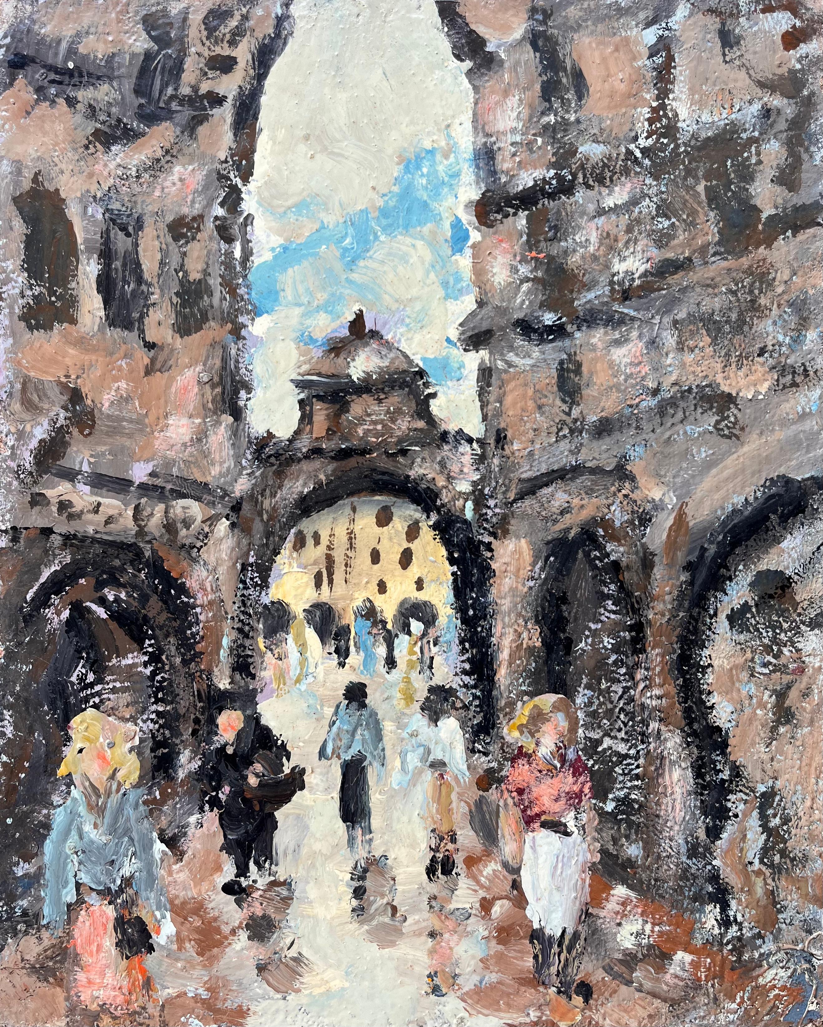 Impressionistische Market Street-Szene mit Figuren und Bögen in einer historischen Stadt