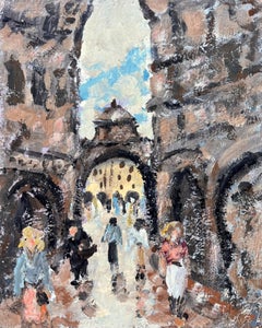 Impressionist Market Street Scene with Figures and Arches in a Historic City