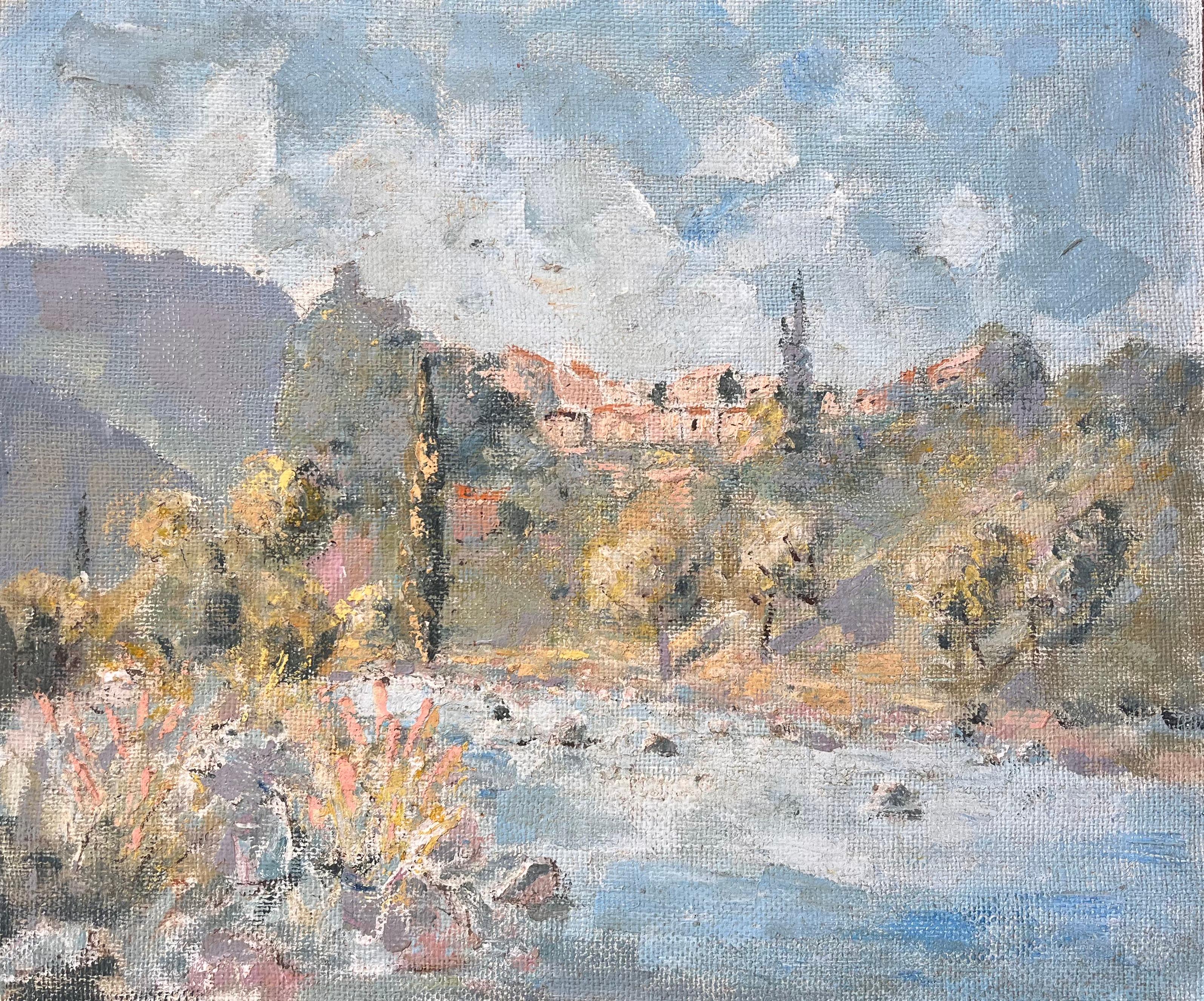 Impressionist Mountain Village Landscape with River Cypress Trees and Wildflower