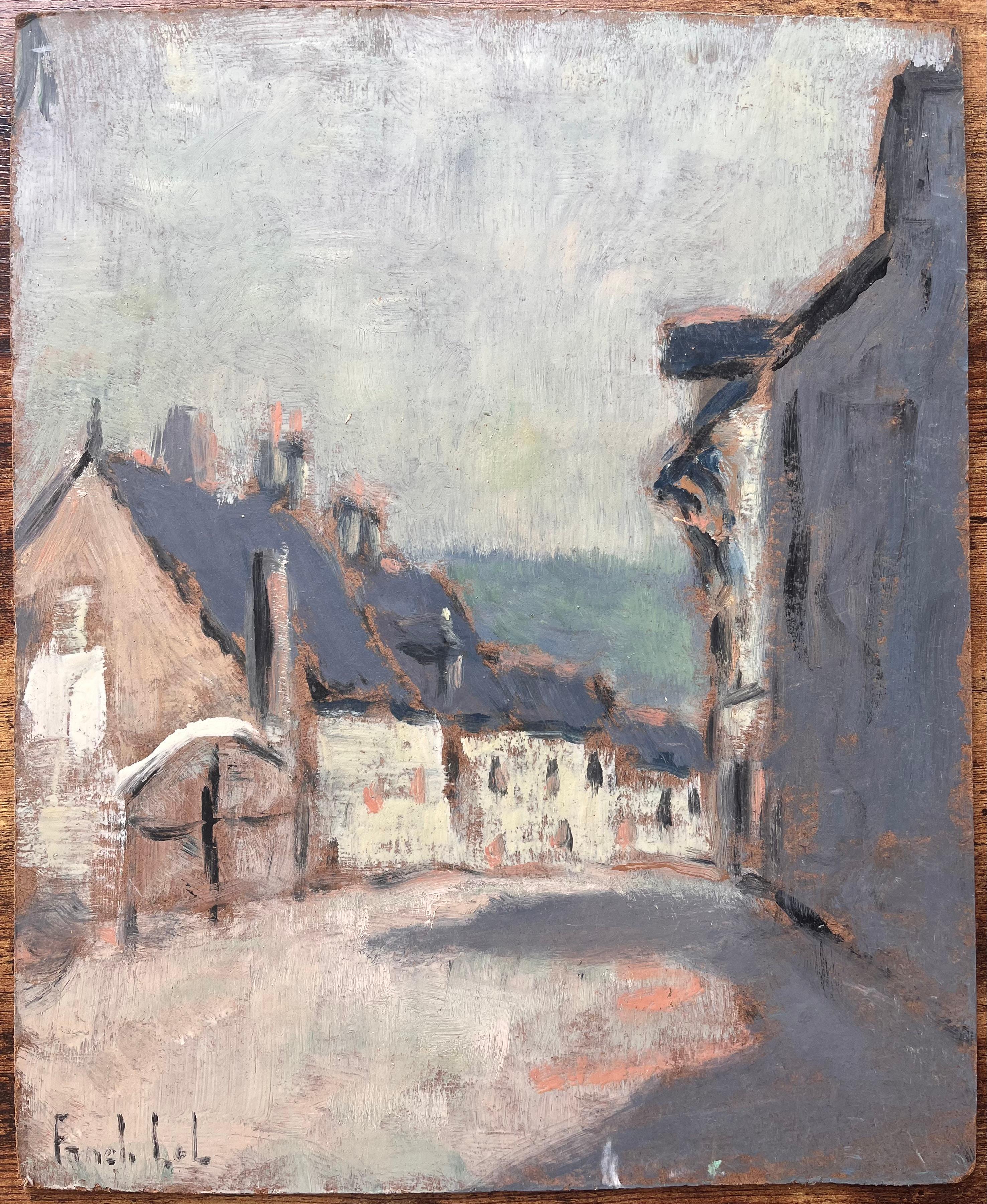 Impressionistische gedeckte Straßenszene mit blassgelben Steinhäusern und Schieferbögen aus Schiefer – Painting von Fanch Lel