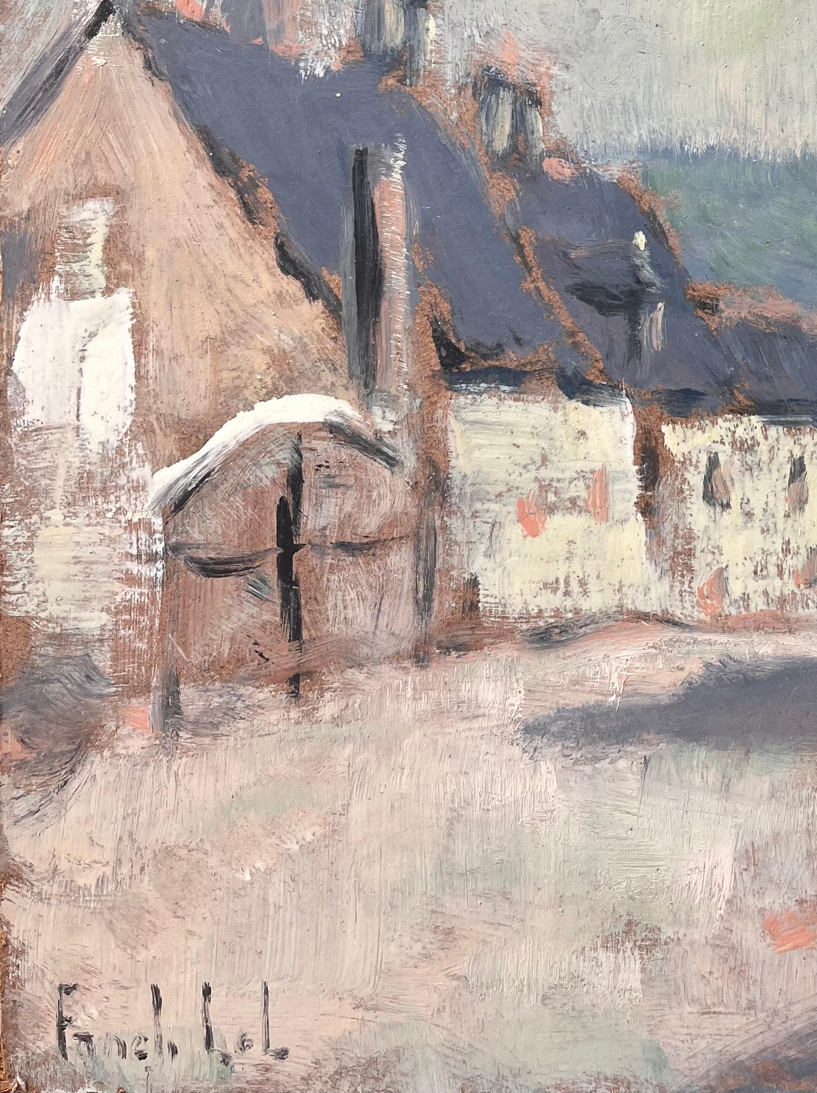 Impressionistische gedeckte Straßenszene mit blassgelben Steinhäusern und Schieferbögen aus Schiefer (Impressionismus), Painting, von Fanch Lel