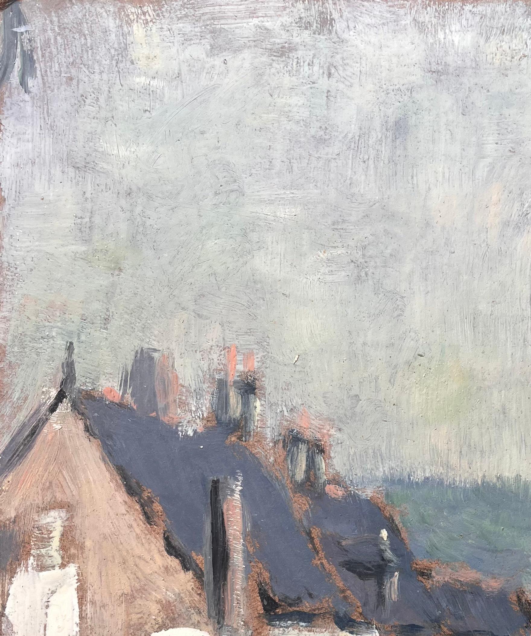 Titel: Impressionistische, gedämpfte Straßenszene mit blassgelben Steinhäusern und Schieferdächern
Von Fanch Lel
Unterschrieben: Ja
Größe: 16,25 x 13 Zoll (Höhe x Breite)
Ölgemälde auf Karton, ungerahmt
Zustand: Das Gemälde ist in gutem