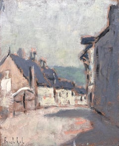 Impressionist Muted Street Scene with Pale Yellow Stone Houses and Slate Roofs