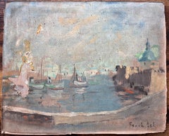 Pintura al óleo impresionista Escena portuaria con cúpula verde y barcos de pesca