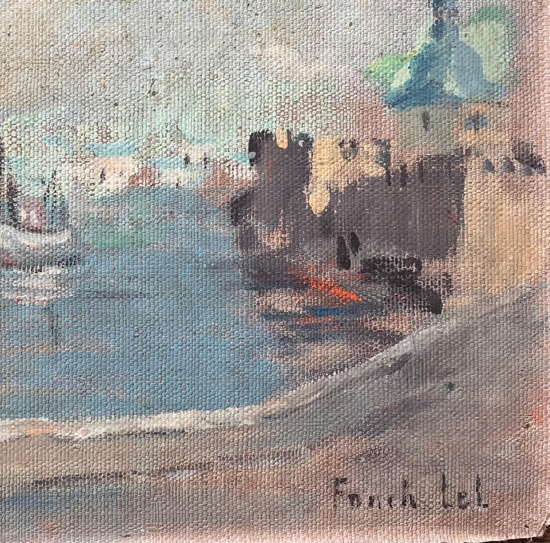 Peinture à l'huile impressionniste Scène de port avec dôme vert et bateaux de pêche - Impressionnisme Painting par Fanch Lel
