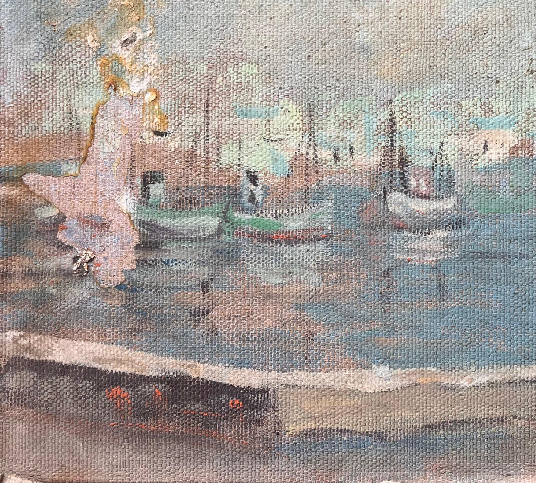 Peinture à l'huile impressionniste Scène de port avec dôme vert et bateaux de pêche - Gris Abstract Painting par Fanch Lel