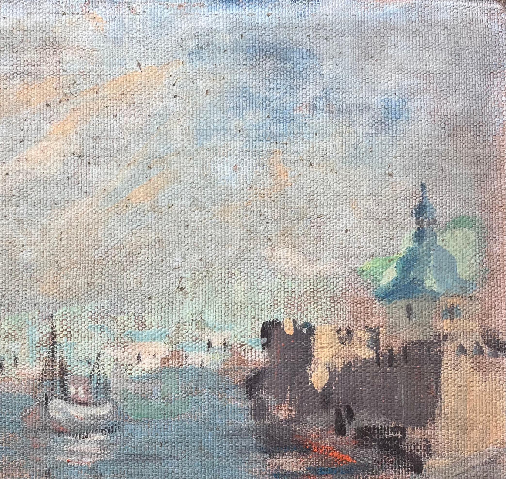 Peinture à l'huile impressionniste Scène de port avec dôme vert et bateaux de pêche en vente 1