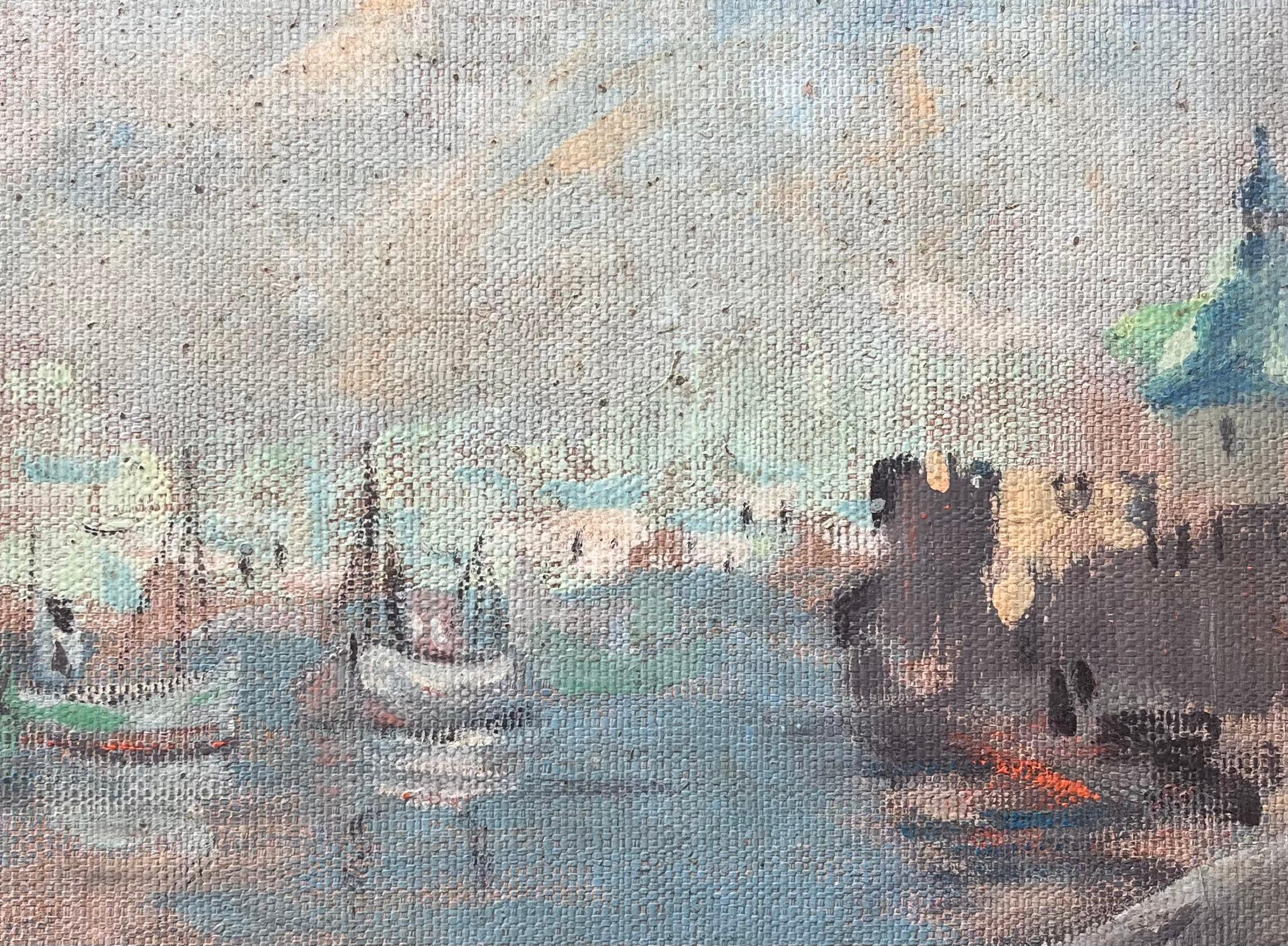 Peinture à l'huile impressionniste Scène de port avec dôme vert et bateaux de pêche en vente 2