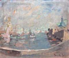 Pintura al óleo impresionista Escena portuaria con cúpula verde y barcos de pesca