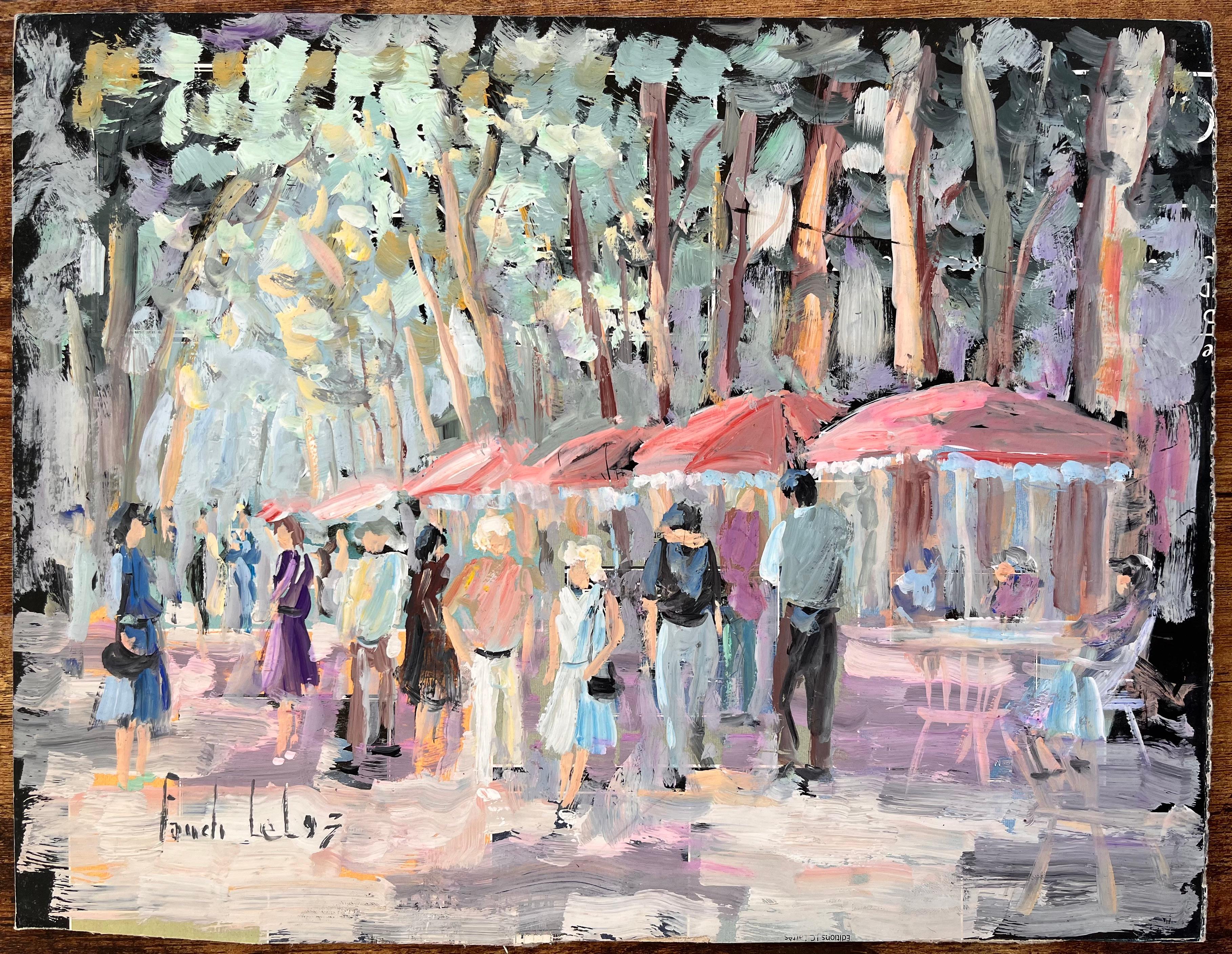 Impressionist Outdoor Café Scene with Figures Trees and Red Umbrellas in Summer - Painting by Fanch Lel