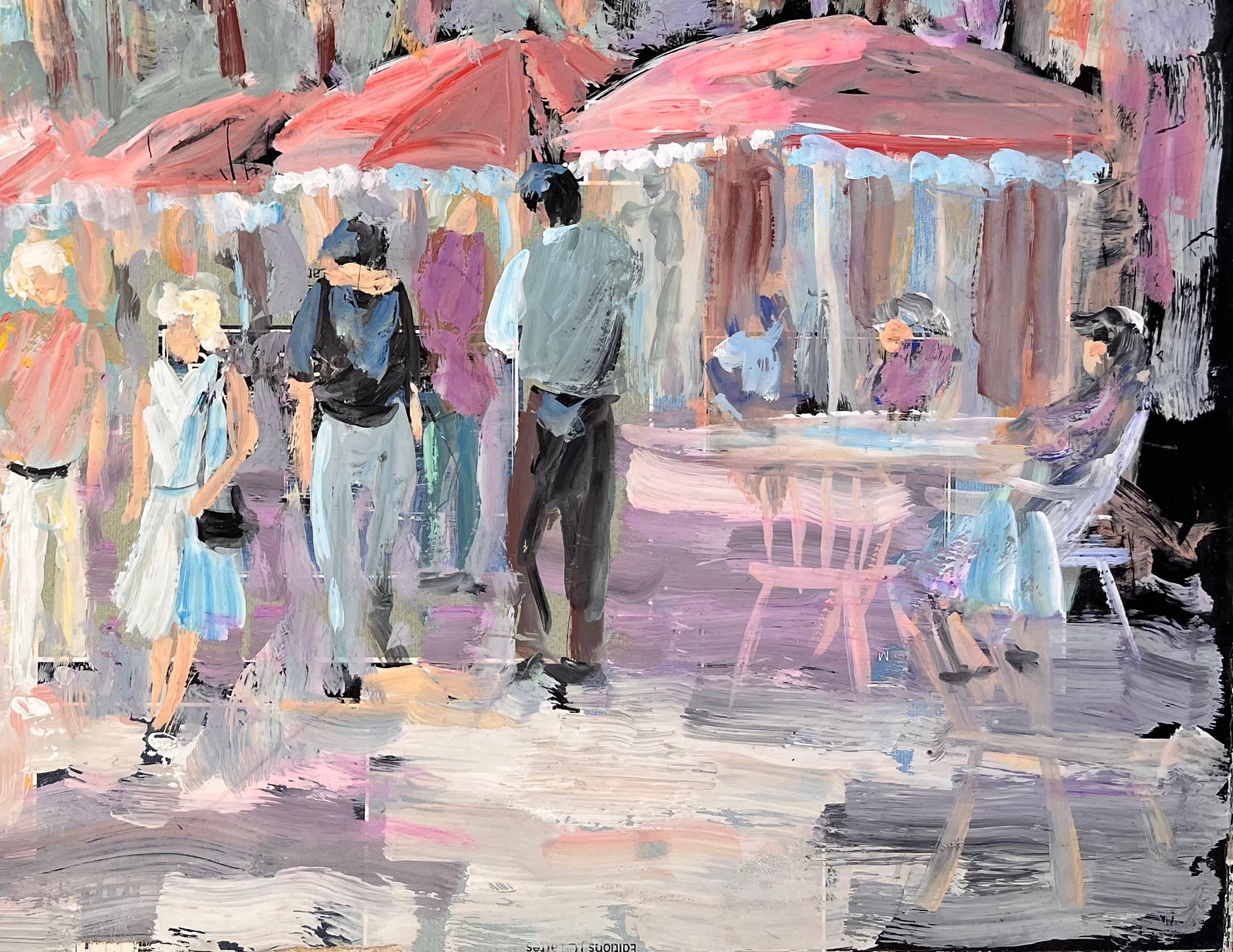 Impressionist Outdoor Café Scene with Figures Trees and Red Umbrellas in Summer - Gray Abstract Painting by Fanch Lel