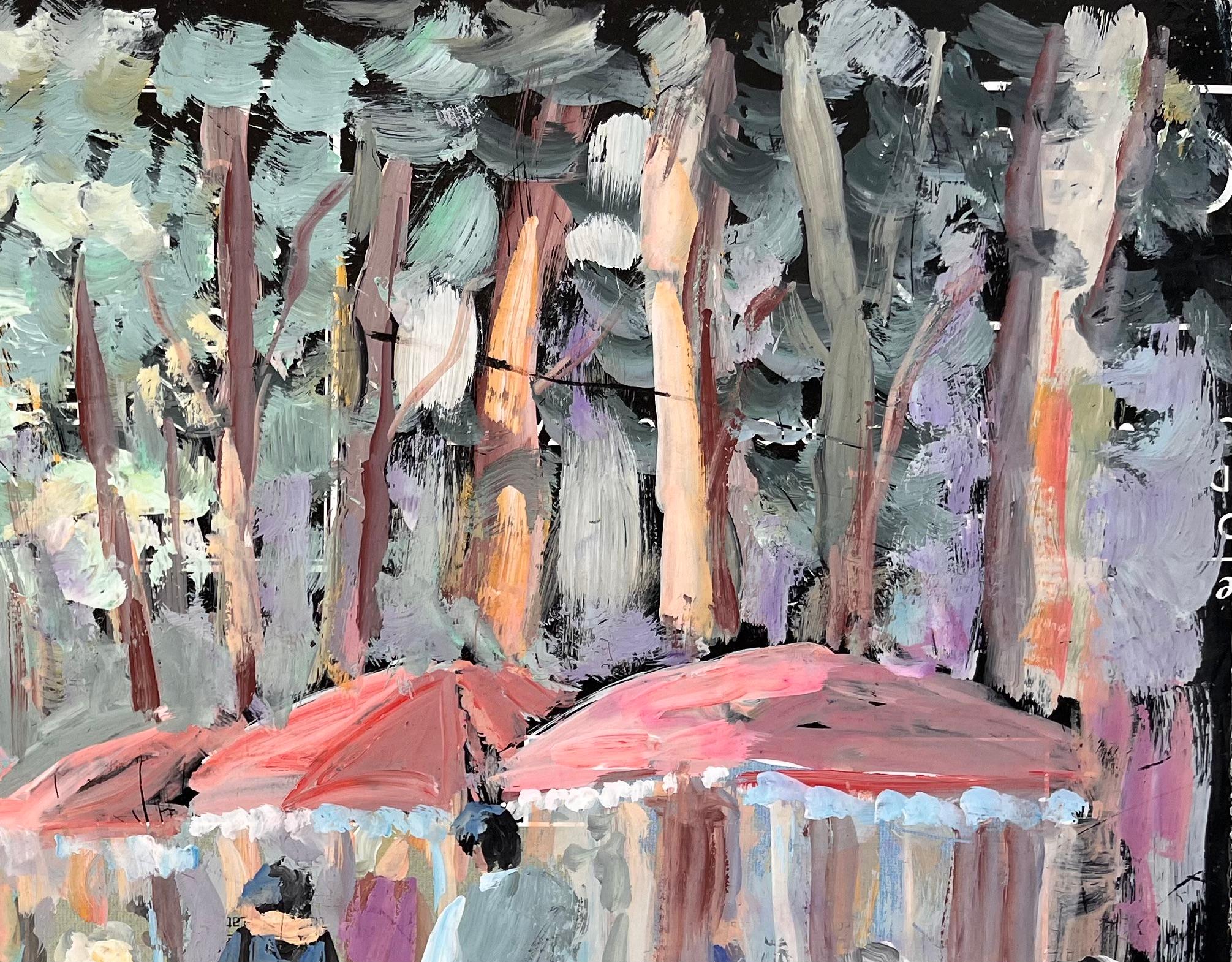 Title: Impressionist Outdoor Café Scene with Figures Trees and Red Umbrellas in Summer
By Fanch Lel
Signed: Yes
Size: 12.25 x 15.75 inches (height x width)
Oil painting on board, unframed
Condition: The painting is in good condition with expressive