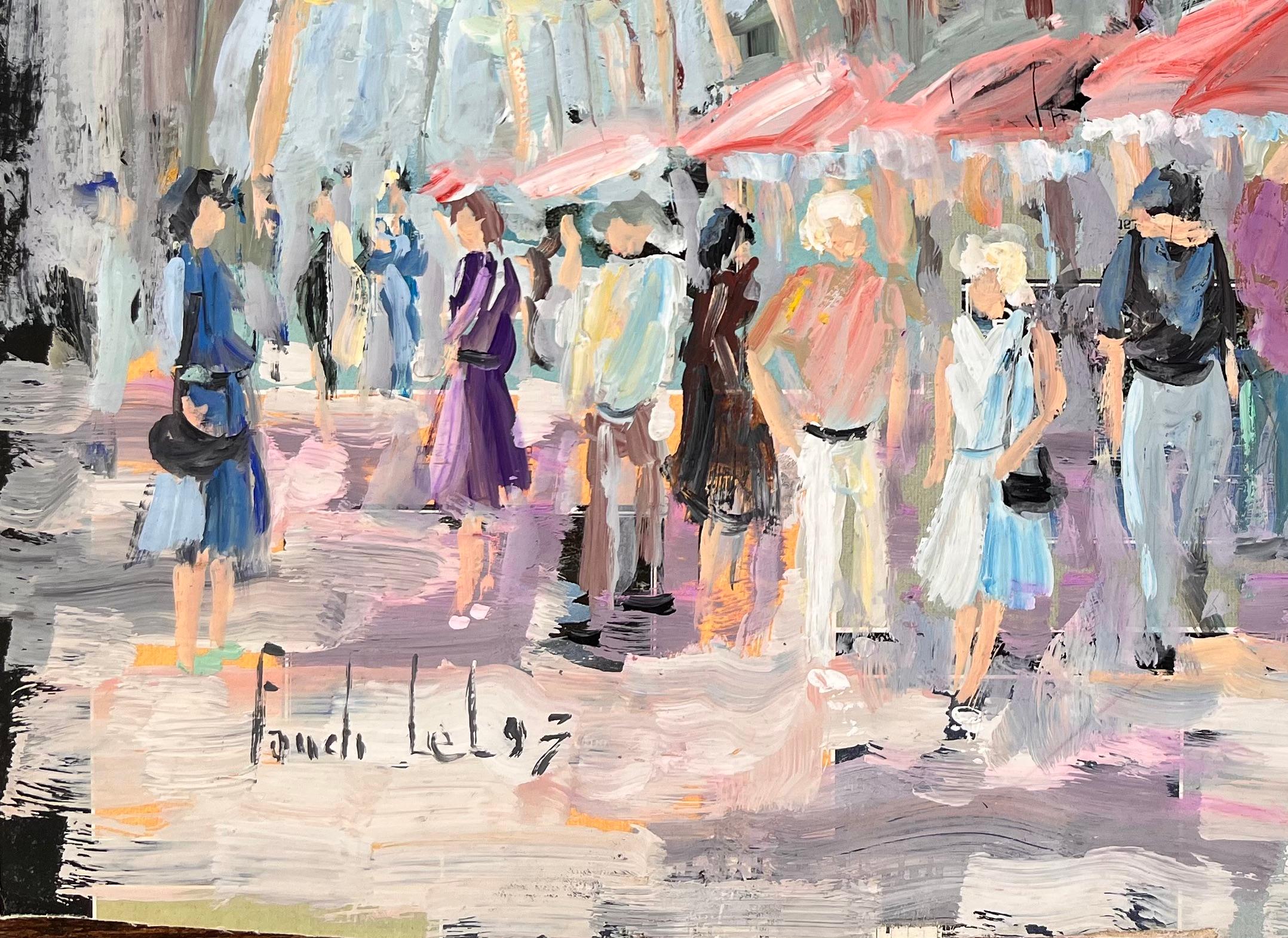 Impressionist Outdoor Café Scene with Figures Trees and Red Umbrellas in Summer For Sale 1