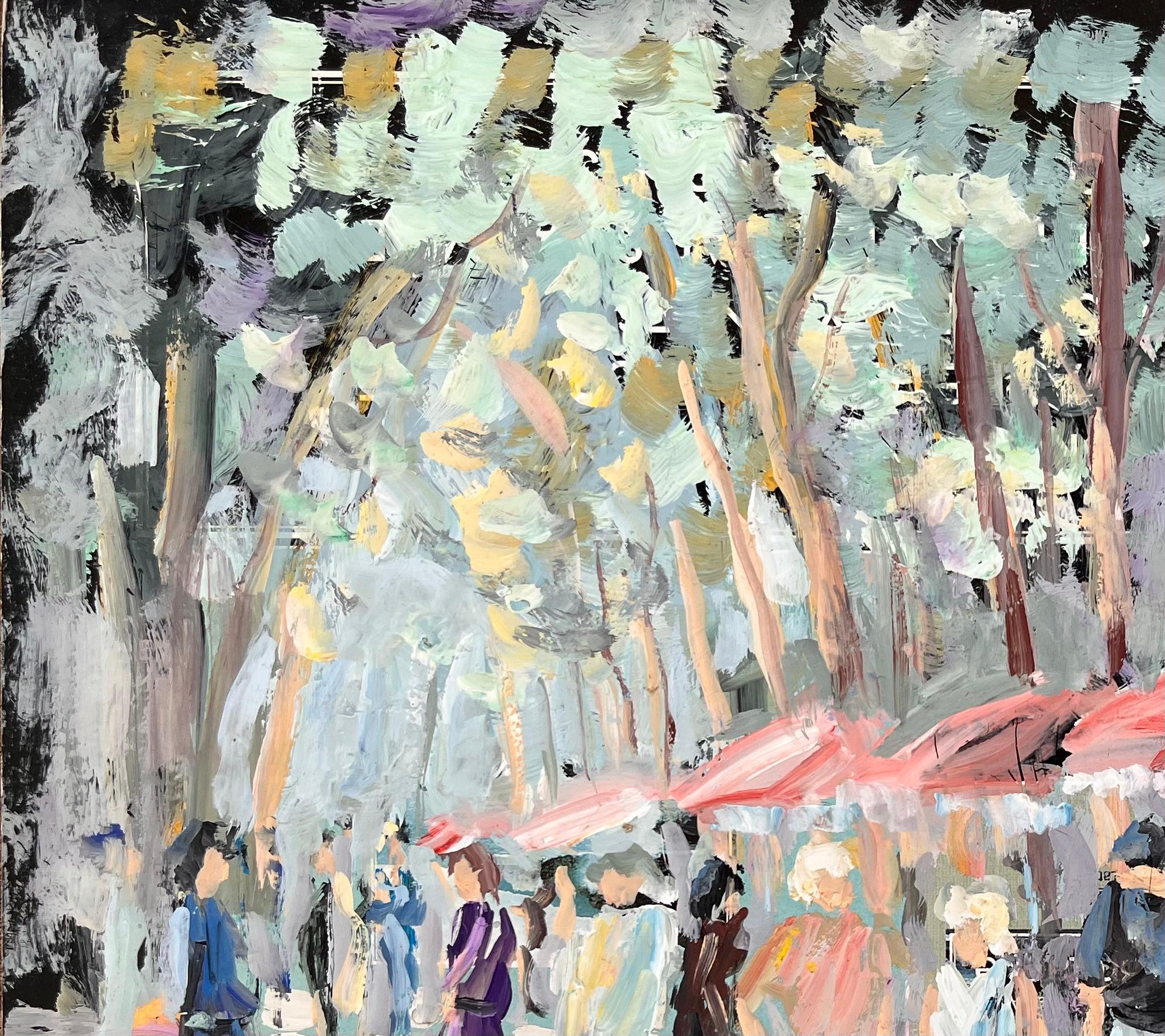 Impressionist Outdoor Café Scene with Figures Trees and Red Umbrellas in Summer For Sale 2