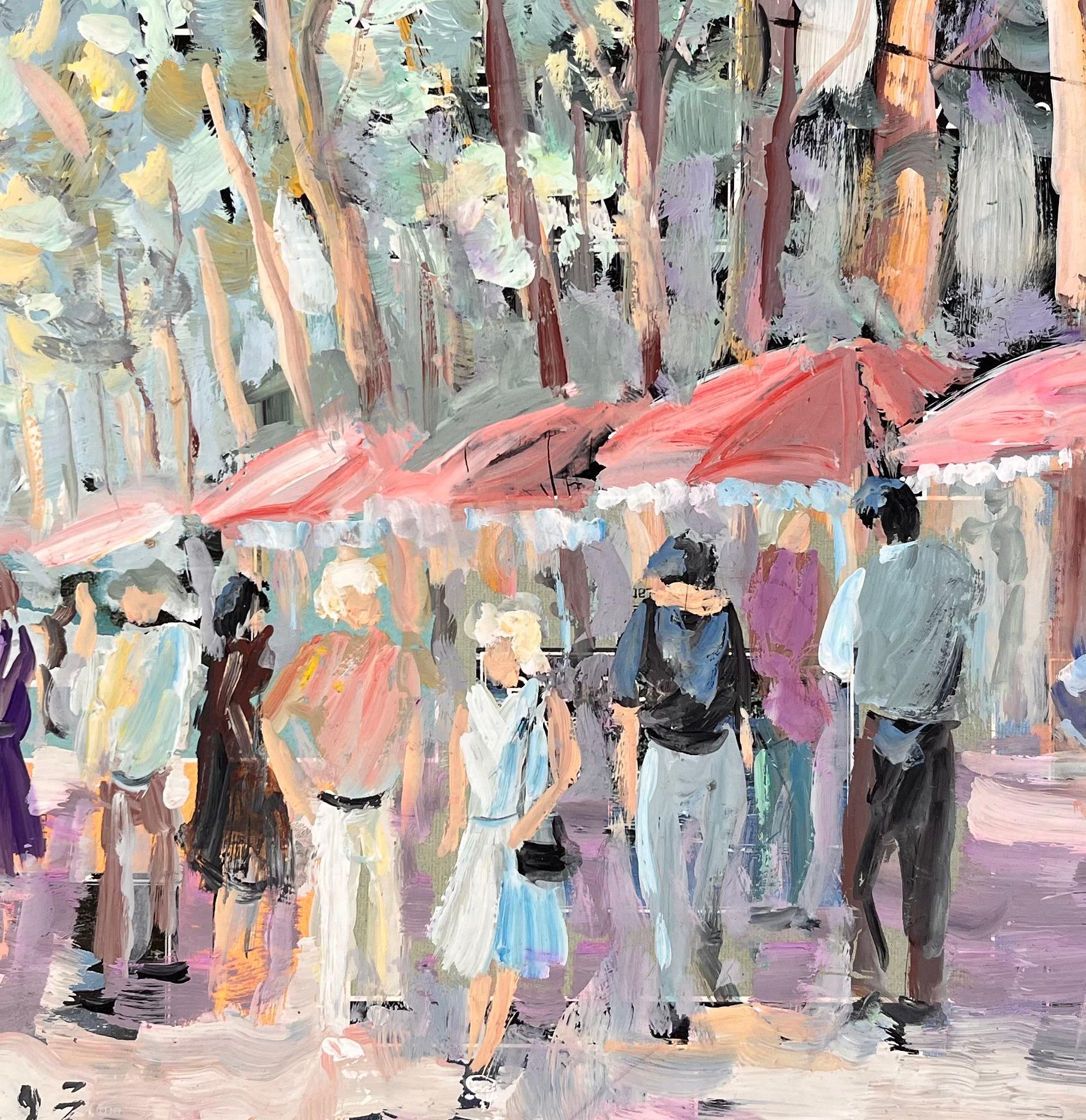 Impressionist Outdoor Café Scene with Figures Trees and Red Umbrellas in Summer For Sale 3