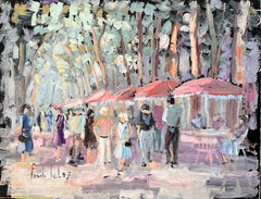 Impressionist Outdoor Café Scene with Figures Trees and Red Umbrellas in Summer