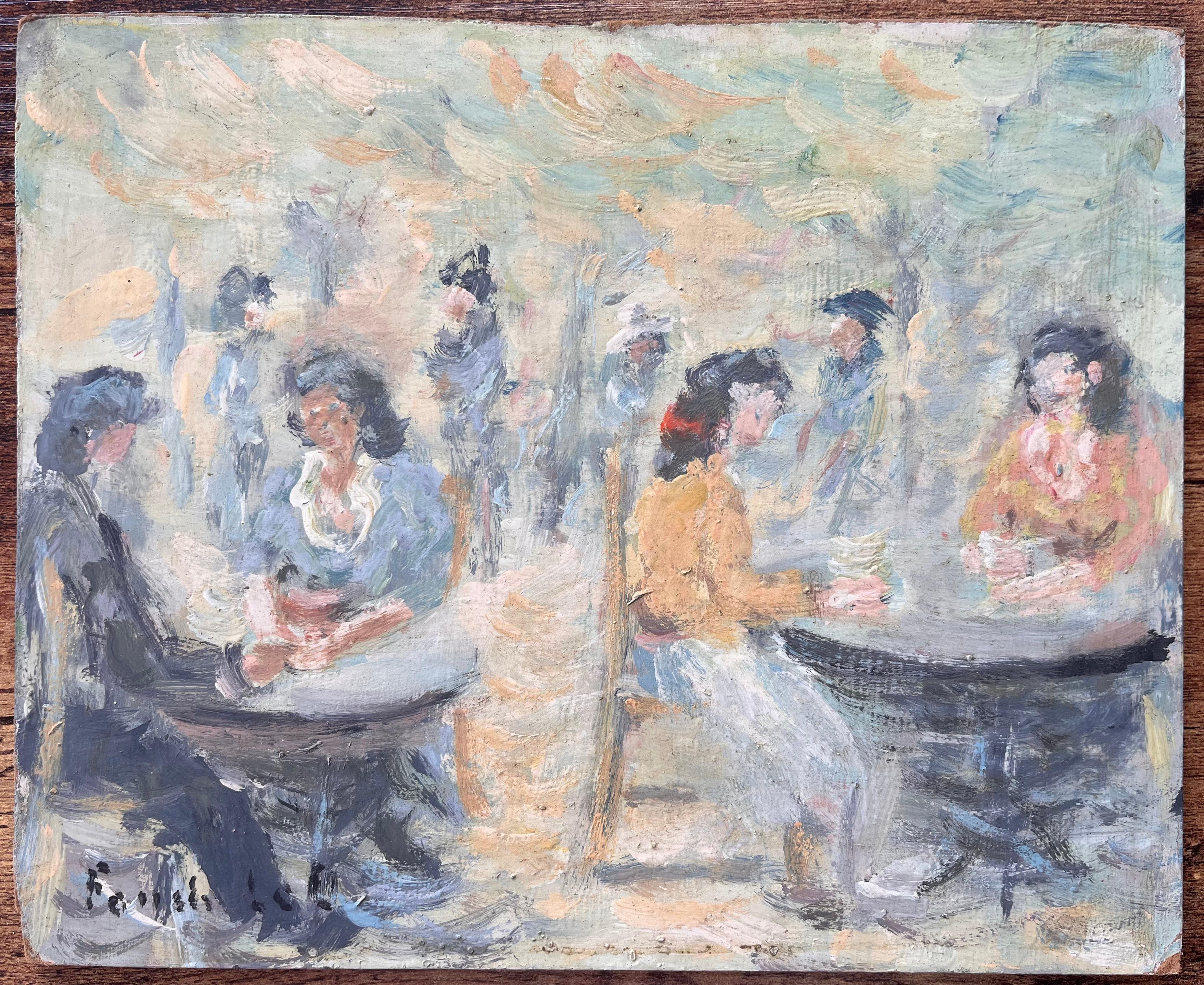 Scène de café impressionniste en plein air avec personnages assis et lumière diffuse - Painting de Fanch Lel