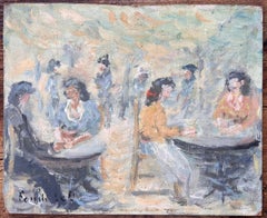 Impressionist Outdoor Café Scene with Seated Figures and Dappled Light