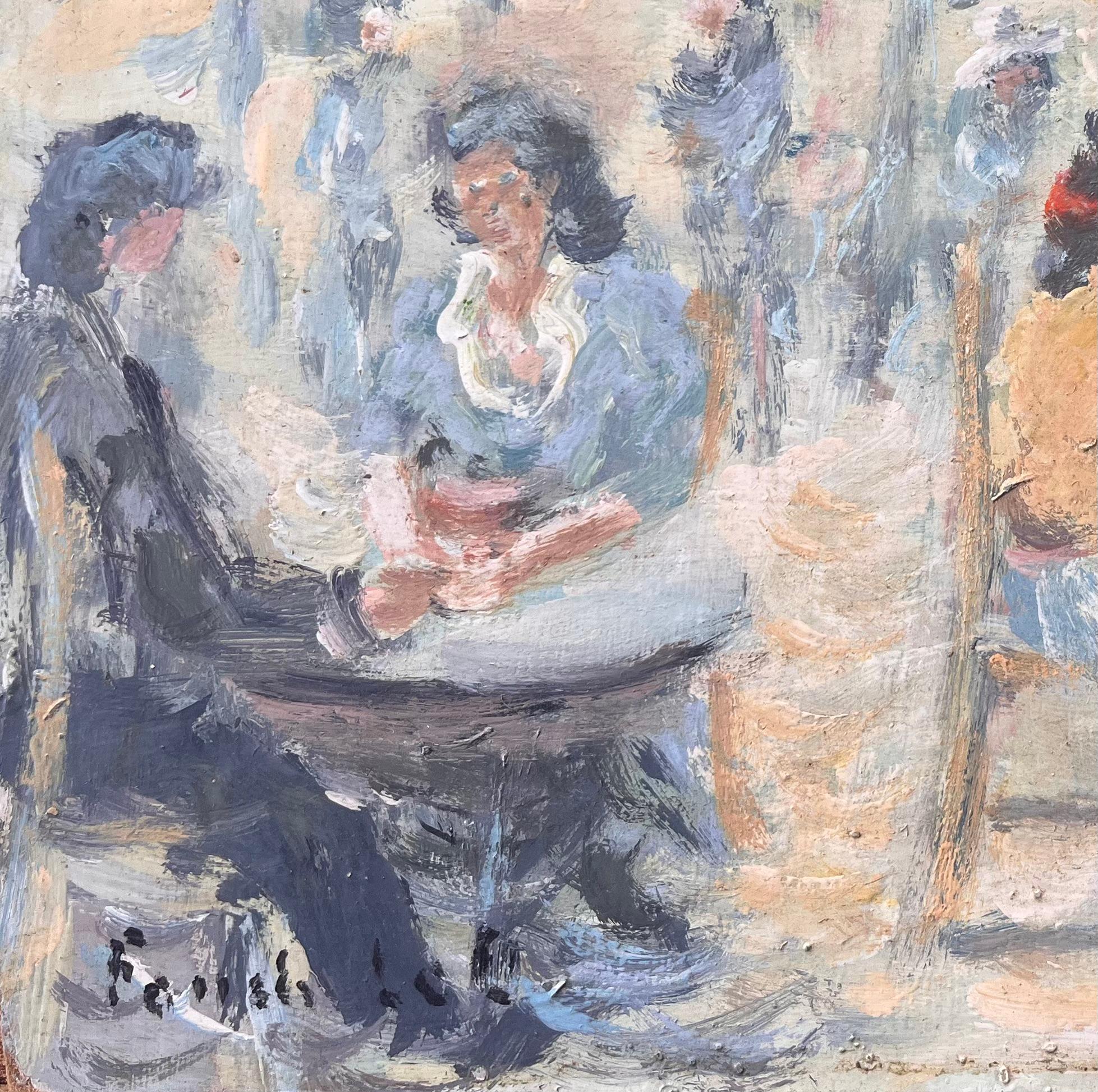 Scène de café impressionniste en plein air avec personnages assis et lumière diffuse - Impressionnisme Painting par Fanch Lel
