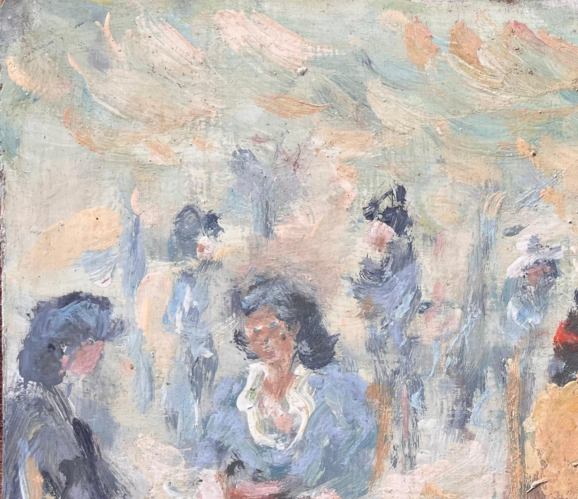 Scène de café impressionniste en plein air avec personnages assis et lumière diffuse - Gris Still-Life Painting par Fanch Lel