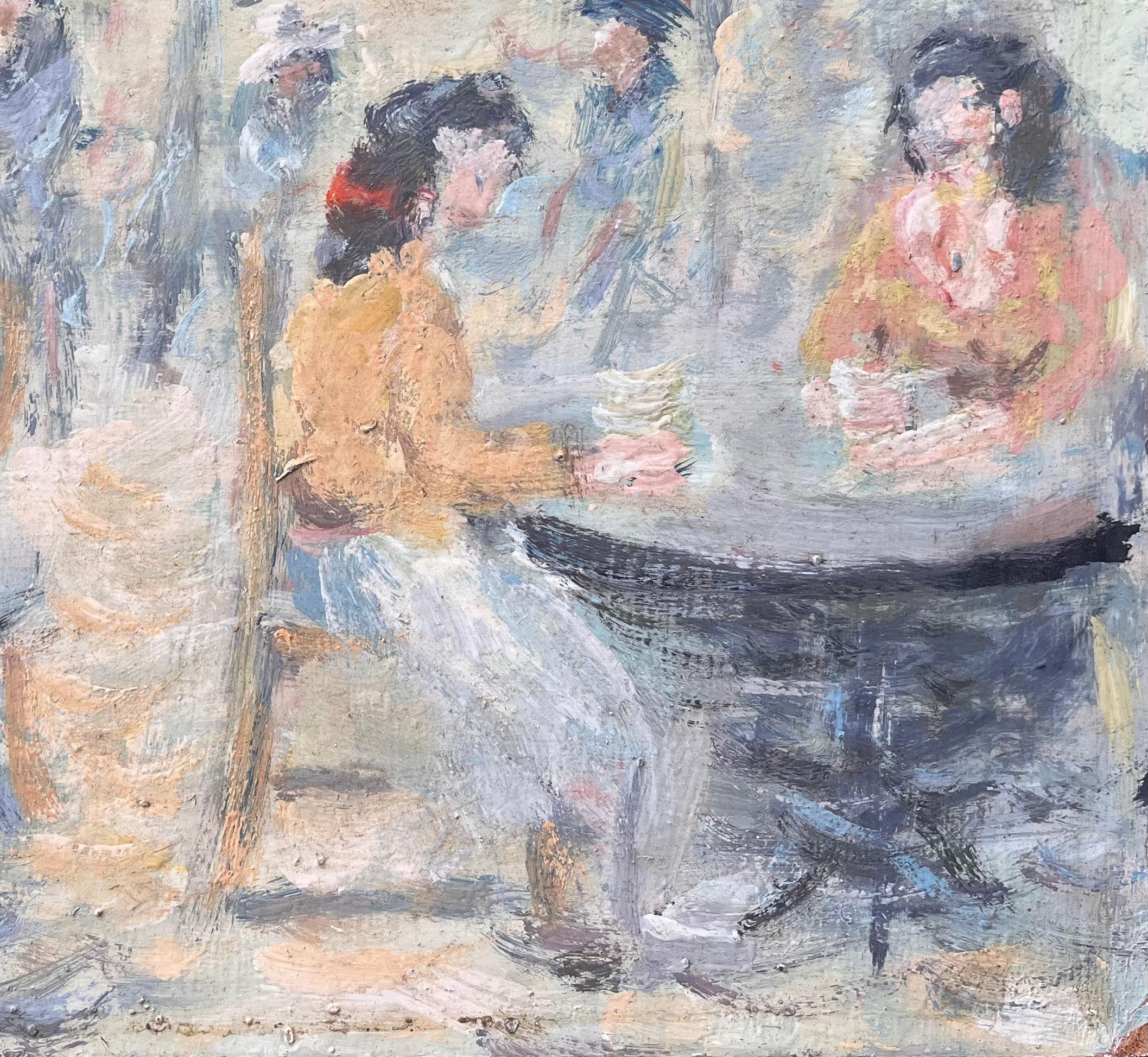 Titre : Scène de café impressionniste en plein air avec personnages assis et lumière diffuse
par Fanch Lel
Signé : Oui
Taille : 8.75 pouces (hauteur) x 10.5 pouces (largeur)
Moyen d'expression : Huile sur carton, non encadrée
Condit : Le tableau est