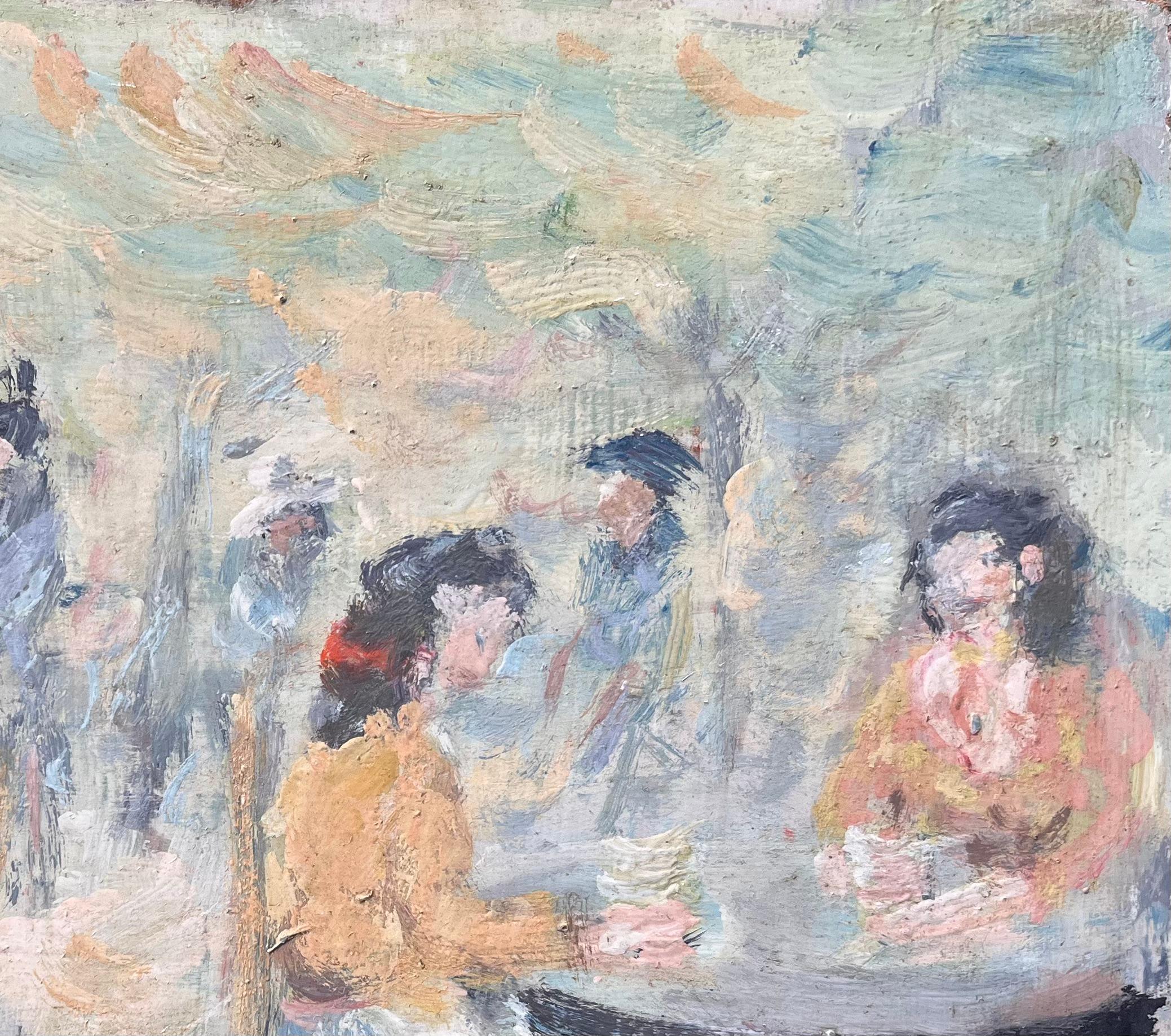 Scène de café impressionniste en plein air avec personnages assis et lumière diffuse en vente 1