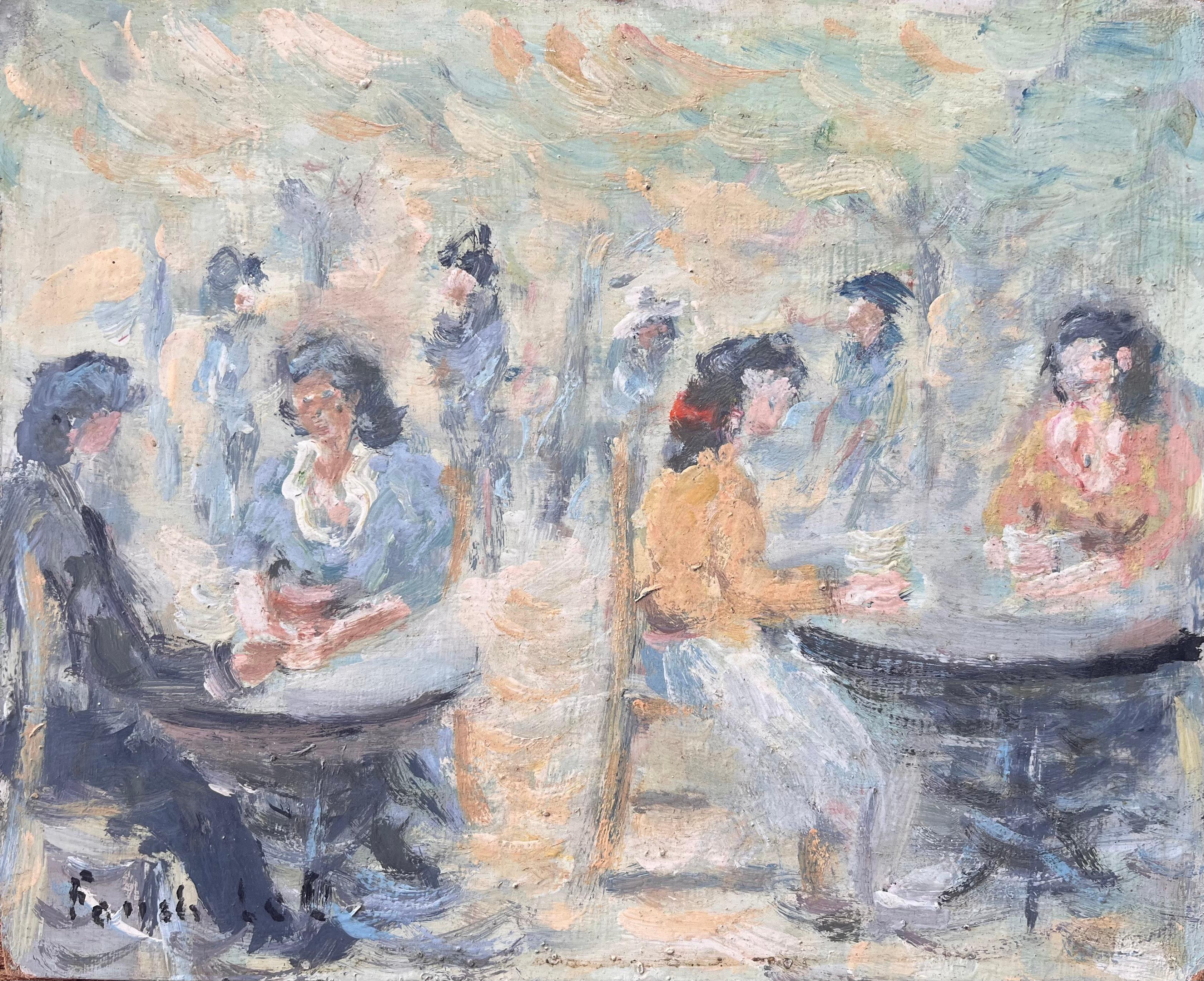 Escena Impresionista de Café al Aire Libre con Figuras Sentadas y Luz Moteada