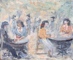 Escena Impresionista de Café al Aire Libre con Figuras Sentadas y Luz Moteada