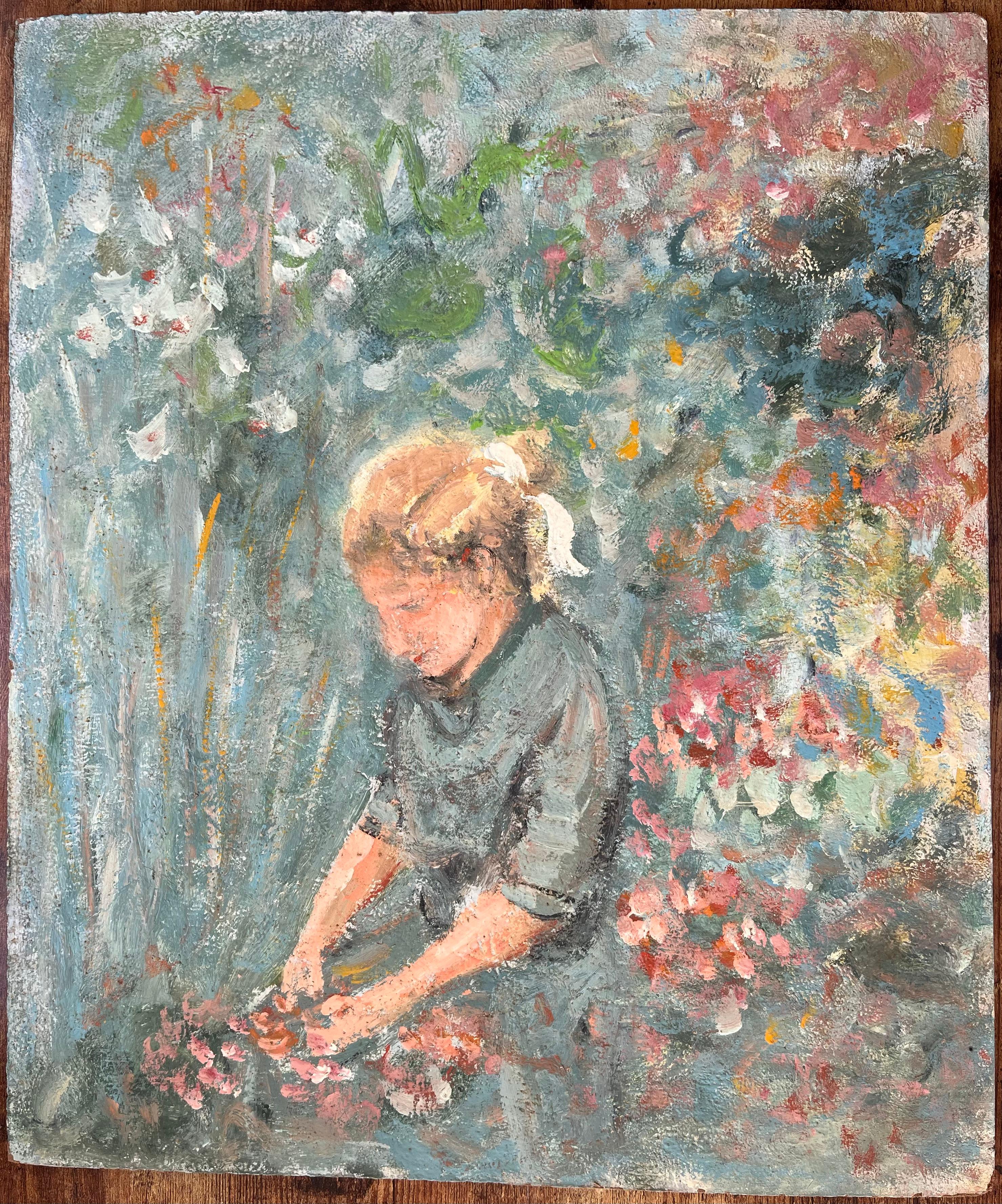 Impressionistisches Gemälde eines jungen Mädchens, das Blumen im Garten sammelt, im Impressionismus – Painting von Fanch Lel