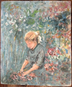 Impressionist Painting of a Young Girl Gathering Flowers in a Garden
