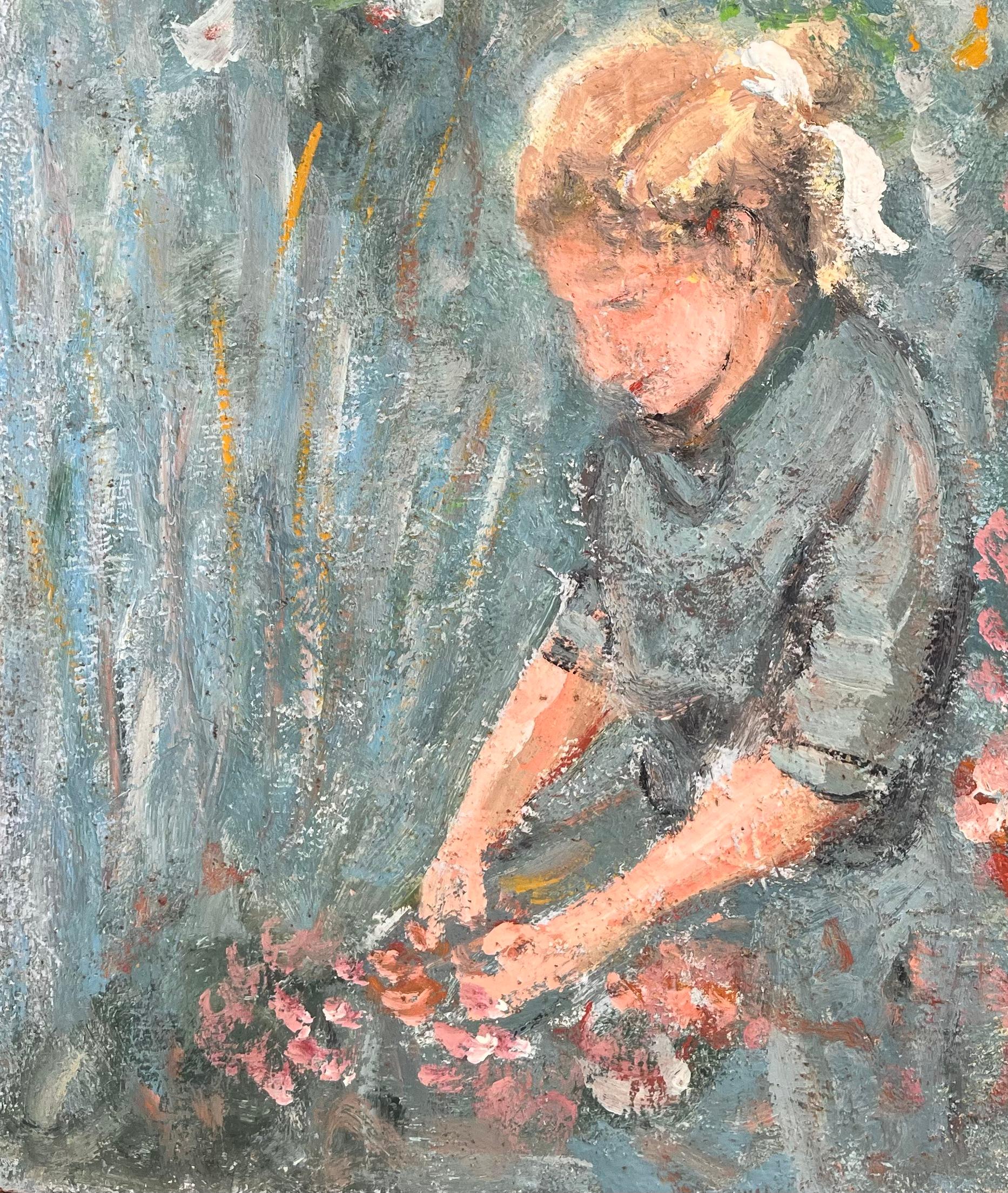 Impressionistisches Gemälde eines jungen Mädchens, das Blumen im Garten sammelt, im Impressionismus (Grau), Abstract Painting, von Fanch Lel