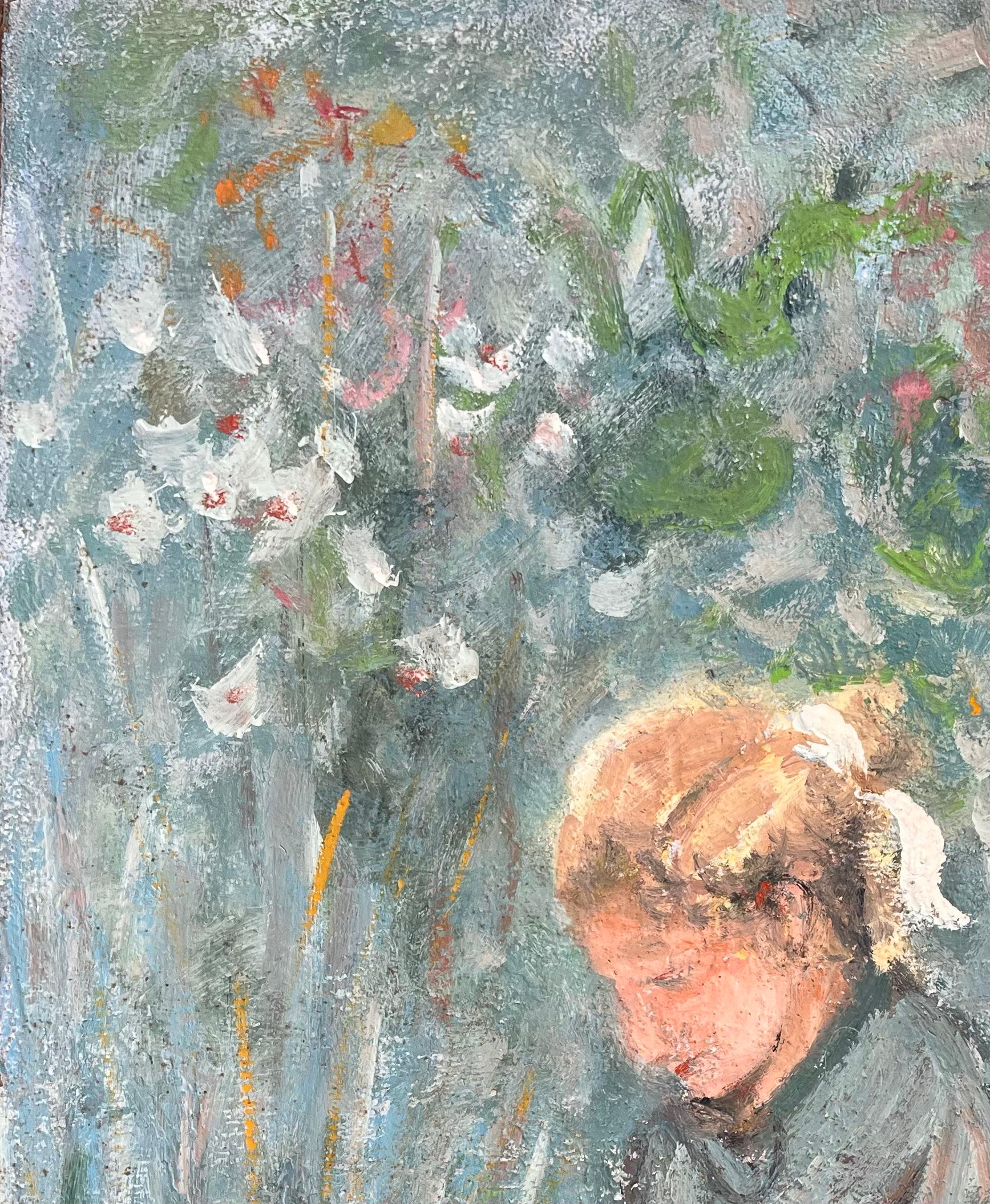 Titel: Impressionistisches Gemälde eines jungen Mädchens beim Blumensammeln im Garten
Von Fanch Lel
Größe: 21,5 x 18 Zoll (Höhe x Breite)
Ölgemälde auf Karton, ungerahmt
Zustand: Das Gemälde ist in gutem Zustand mit leichten Gebrauchsspuren an den