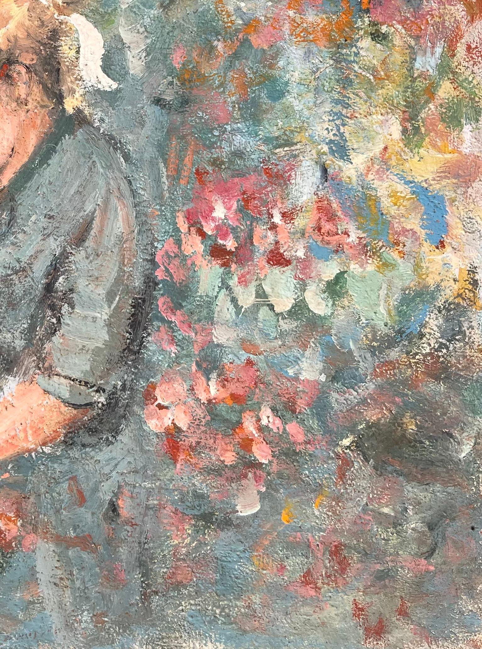 Impressionistisches Gemälde eines jungen Mädchens, das Blumen im Garten sammelt, im Impressionismus im Angebot 1