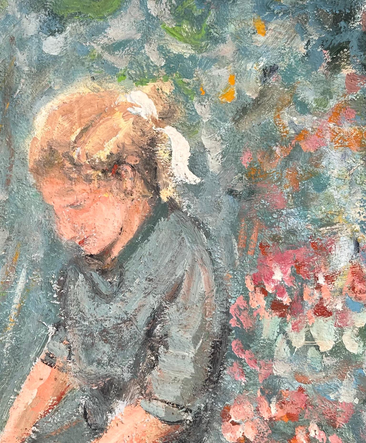 Impressionistisches Gemälde eines jungen Mädchens, das Blumen im Garten sammelt, im Impressionismus im Angebot 3