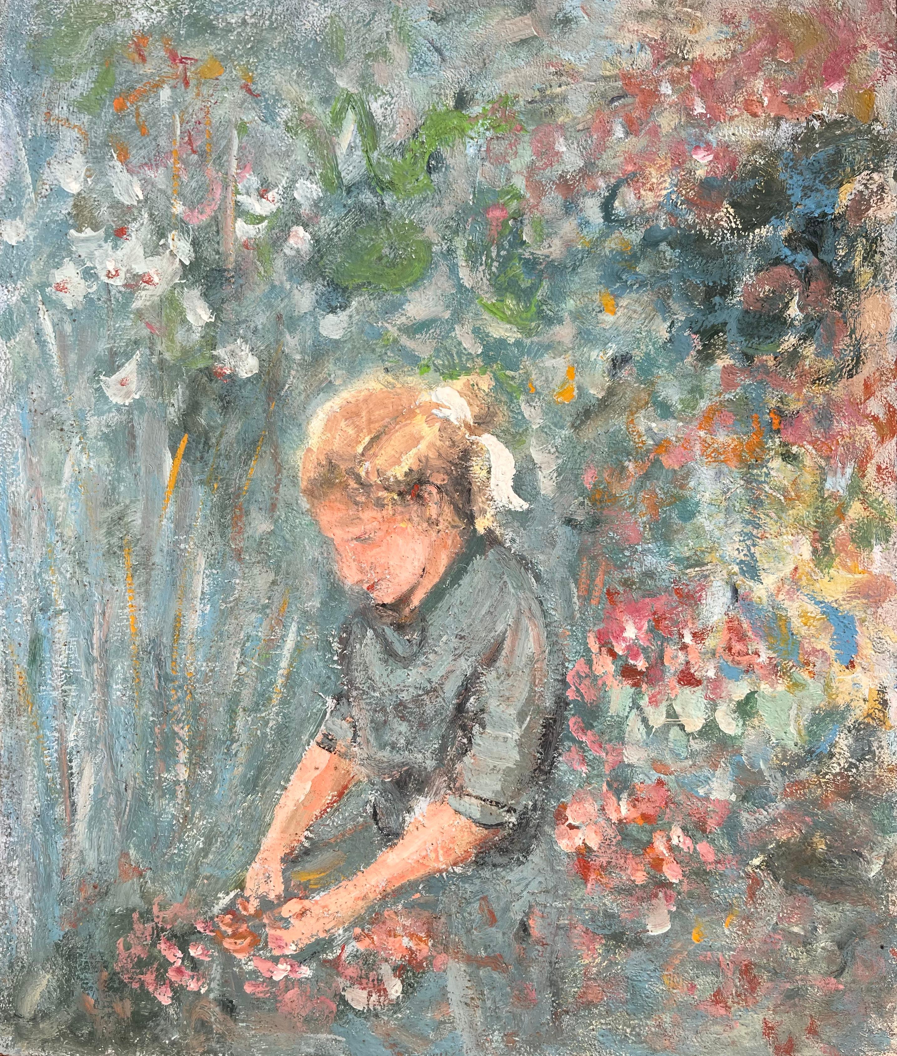 Impressionistisches Gemälde eines jungen Mädchens, das Blumen im Garten sammelt, im Impressionismus