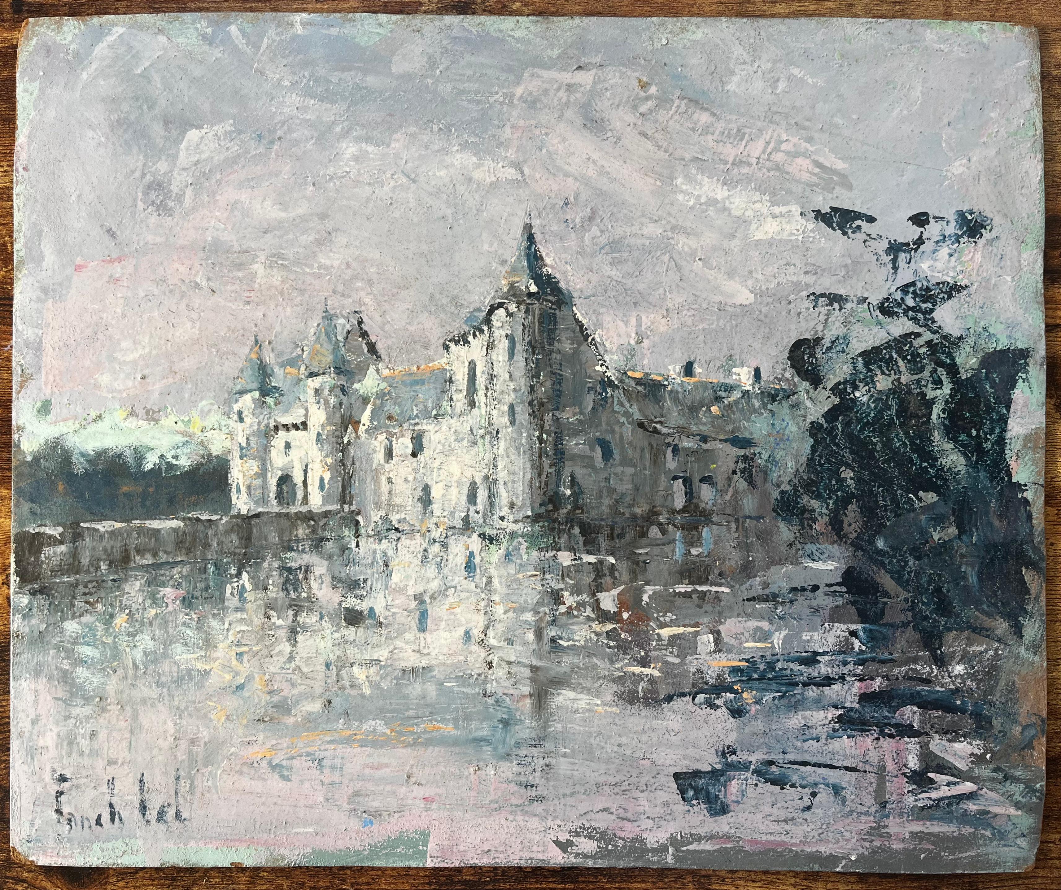 Peinture impressionniste du Château de Trécesson en Bretagne avec reflet dans l'eau - Painting de Fanch Lel