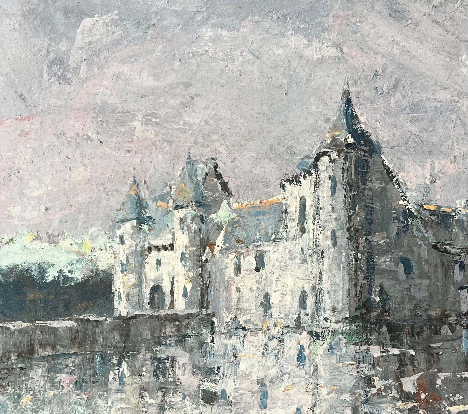 Peinture impressionniste du Château de Trécesson en Bretagne avec reflet dans l'eau - Impressionnisme Painting par Fanch Lel