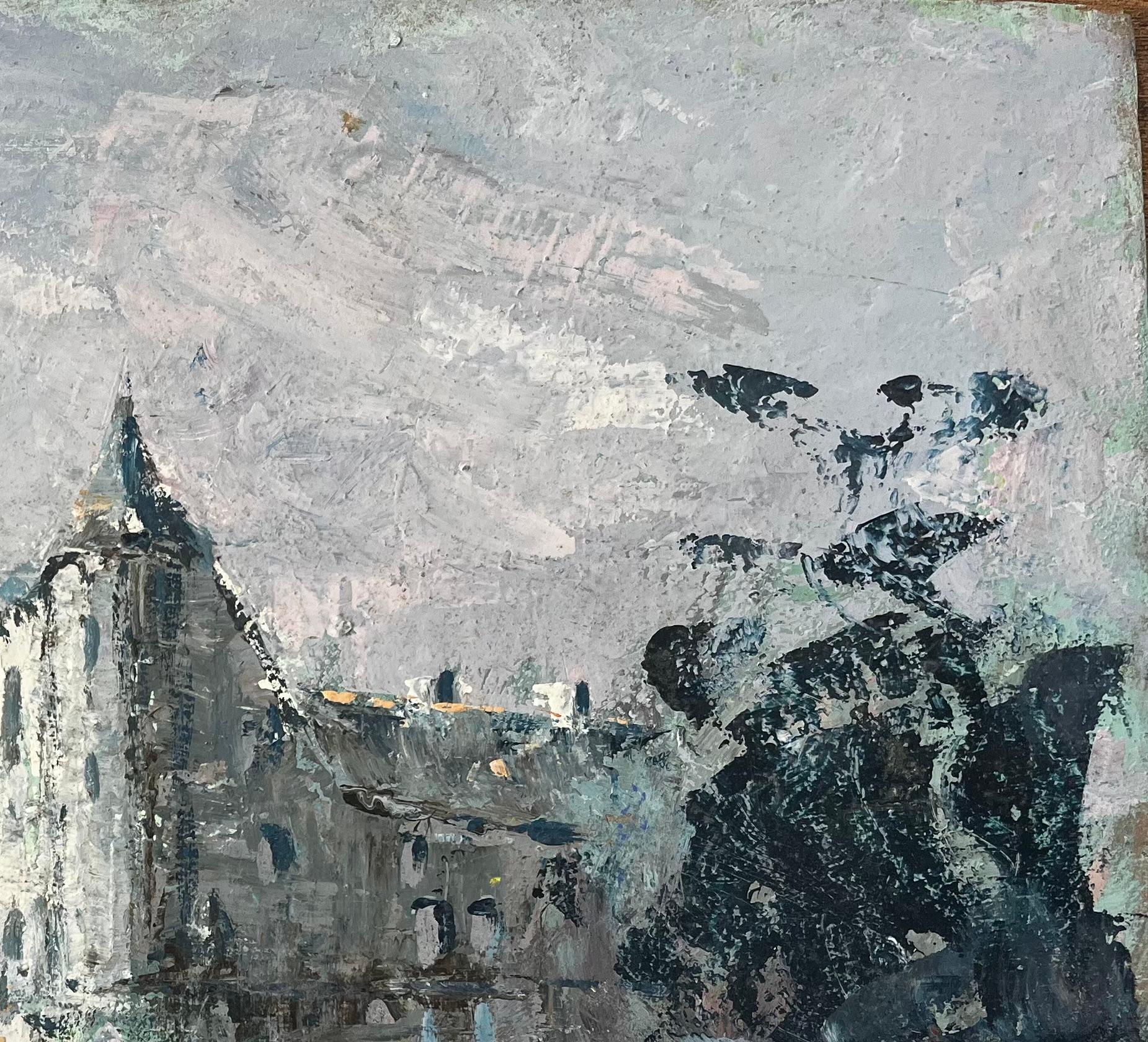 Peinture impressionniste du Château de Trécesson en Bretagne avec reflet dans l'eau - Gris Landscape Painting par Fanch Lel
