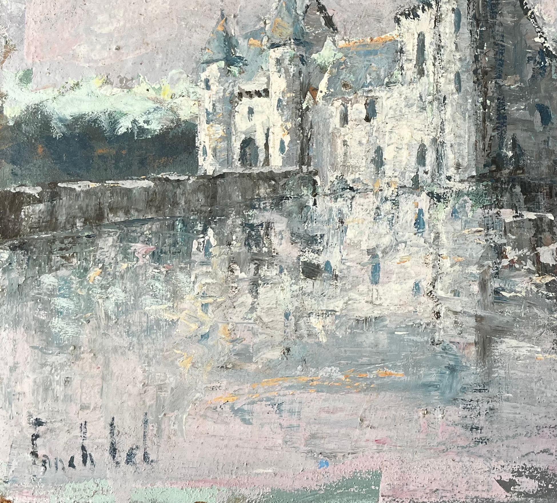 Peinture impressionniste du Château de Trécesson en Bretagne avec reflet dans l'eau en vente 1