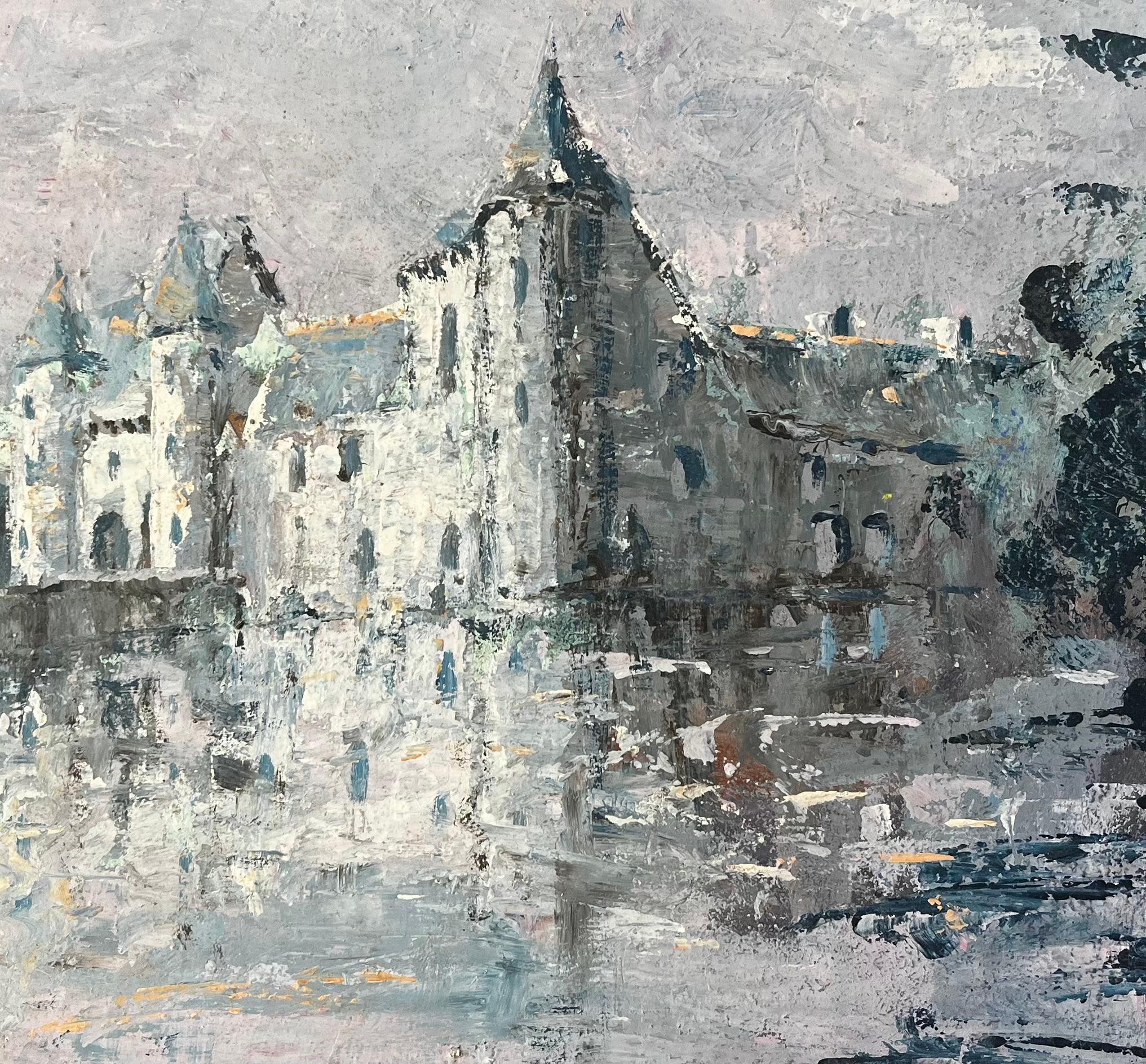 Peinture impressionniste du Château de Trécesson en Bretagne avec reflet dans l'eau en vente 2