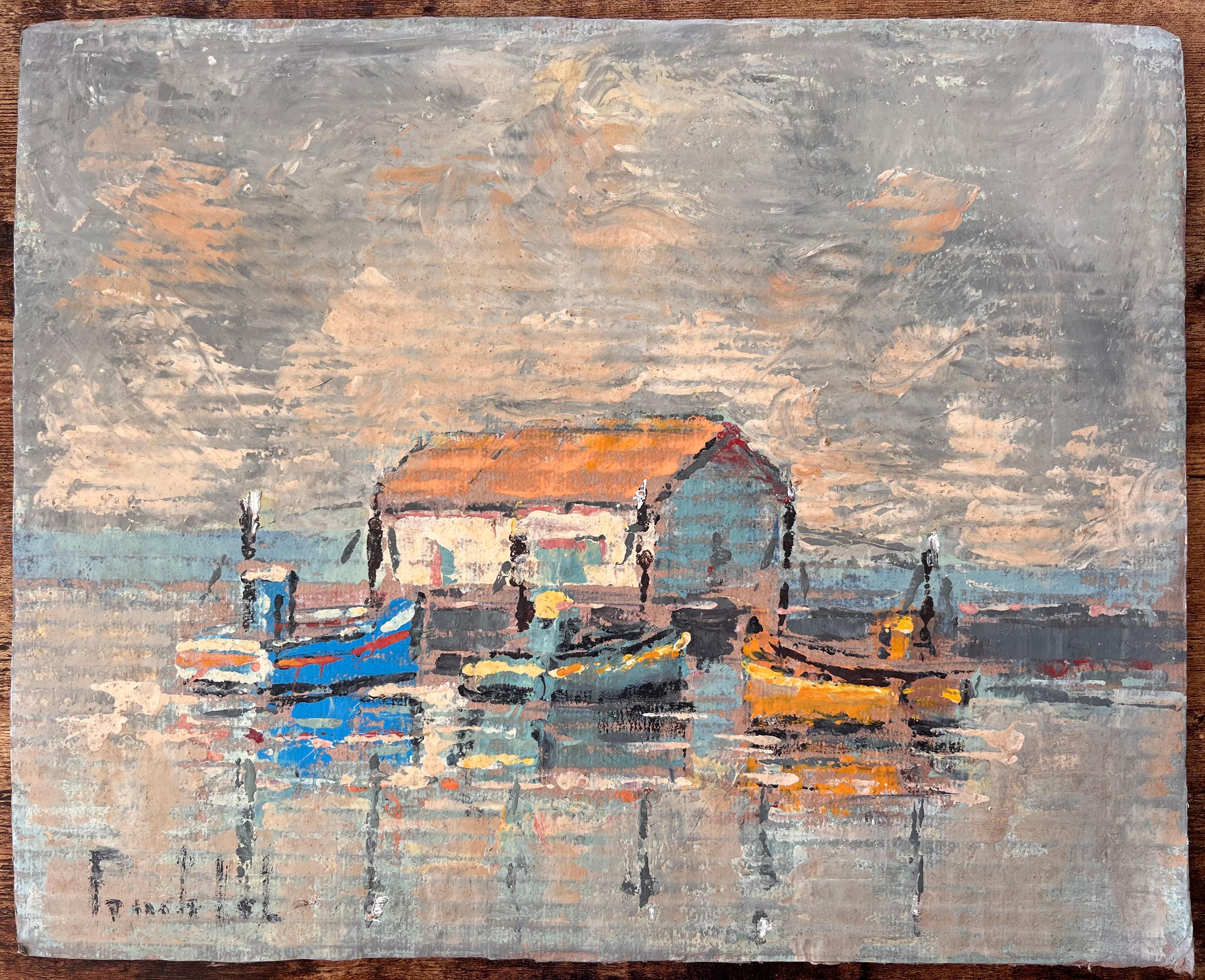Impressionistisches Gemälde von Fischerbooten und Bootshäusern unter dramatischem Himmel – Painting von Fanch Lel