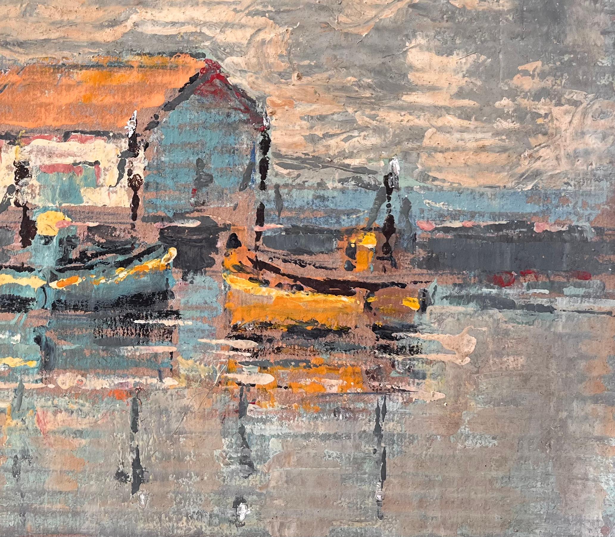 Impressionistisches Gemälde von Fischerbooten und Bootshäusern unter dramatischem Himmel (Impressionismus), Painting, von Fanch Lel