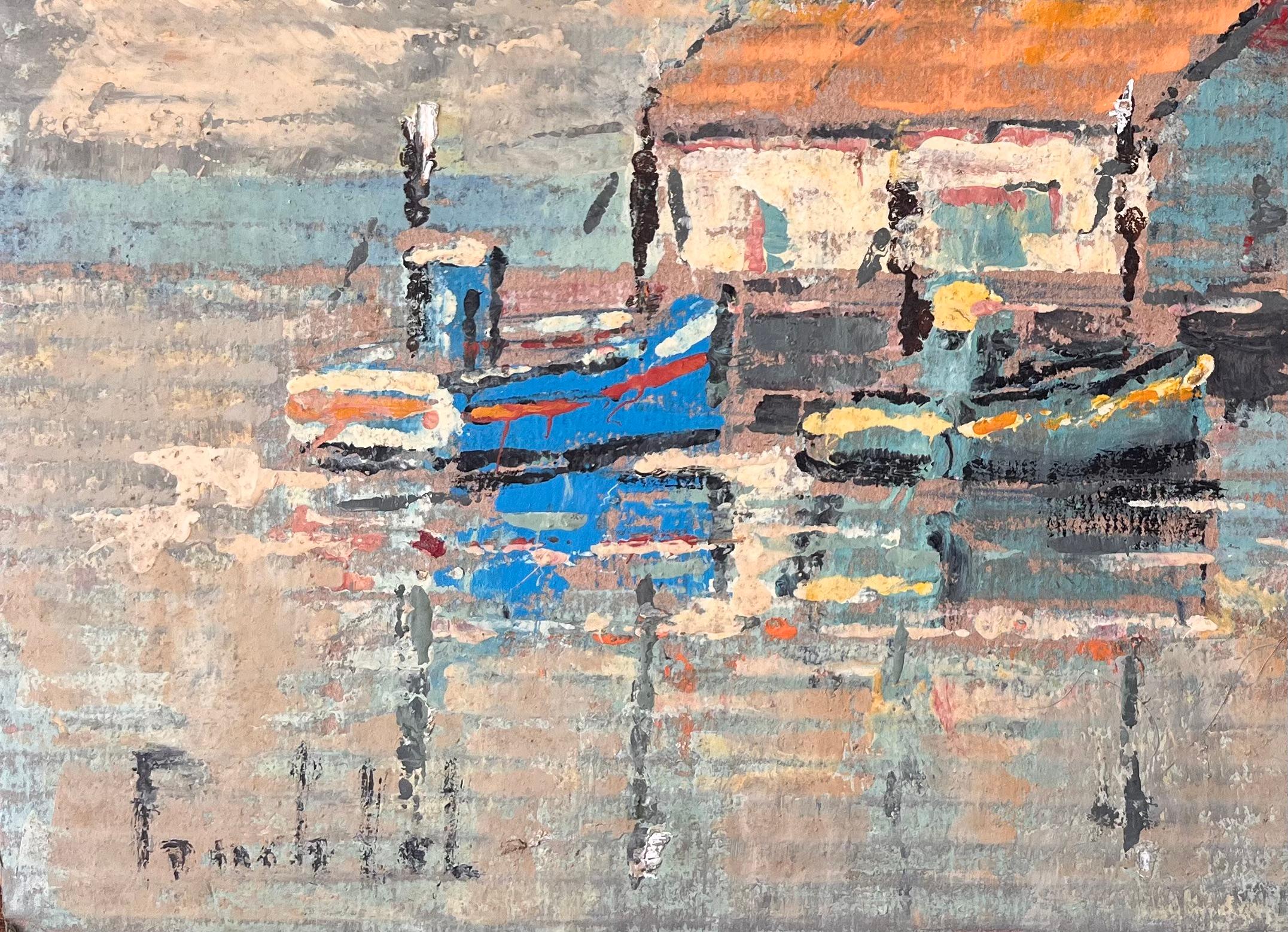 Impressionistisches Gemälde von Fischerbooten und Bootshäusern unter dramatischem Himmel (Braun), Abstract Painting, von Fanch Lel