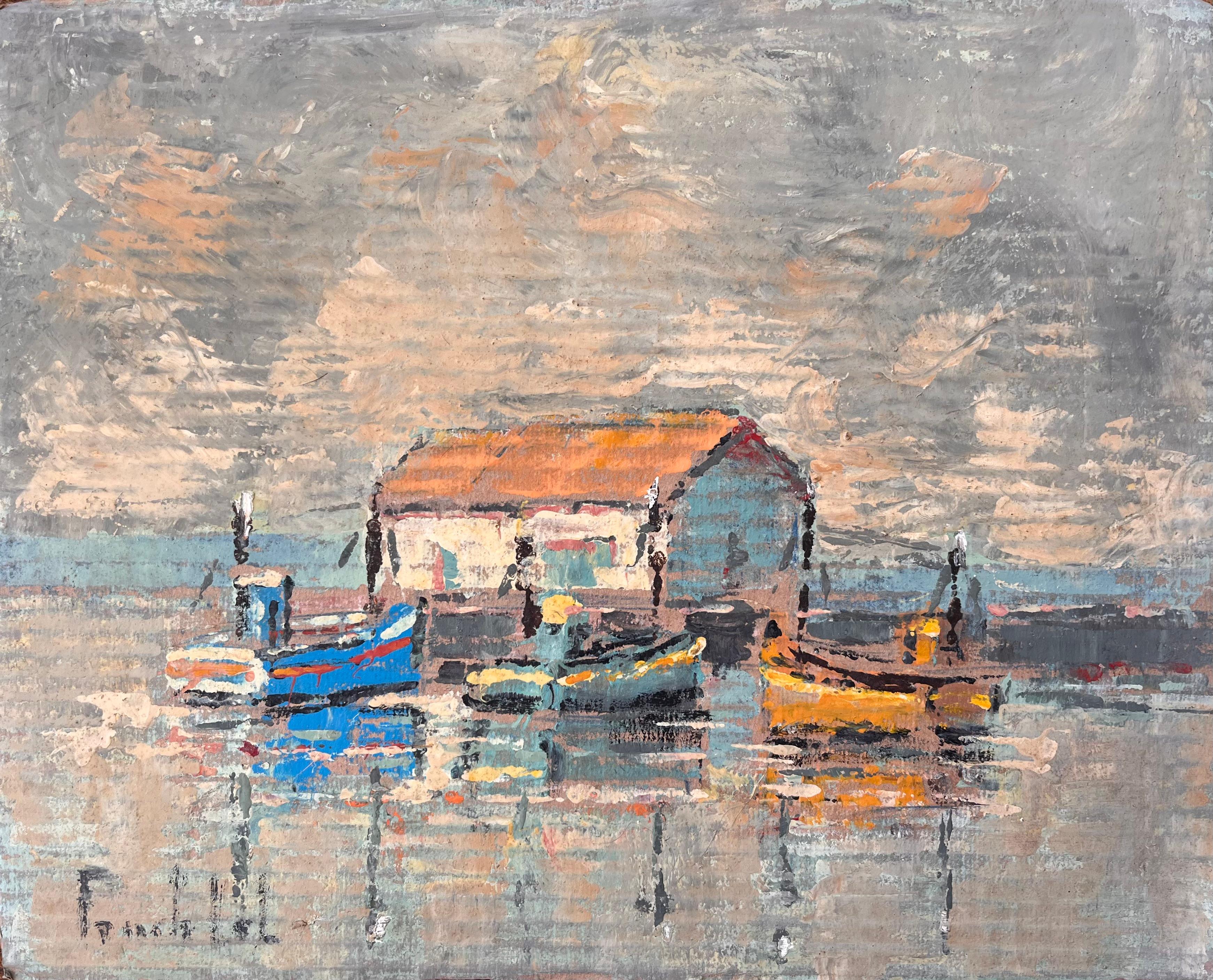 Impressionist Painting of Fishing Boats and Boathouse under Dramatic Sky