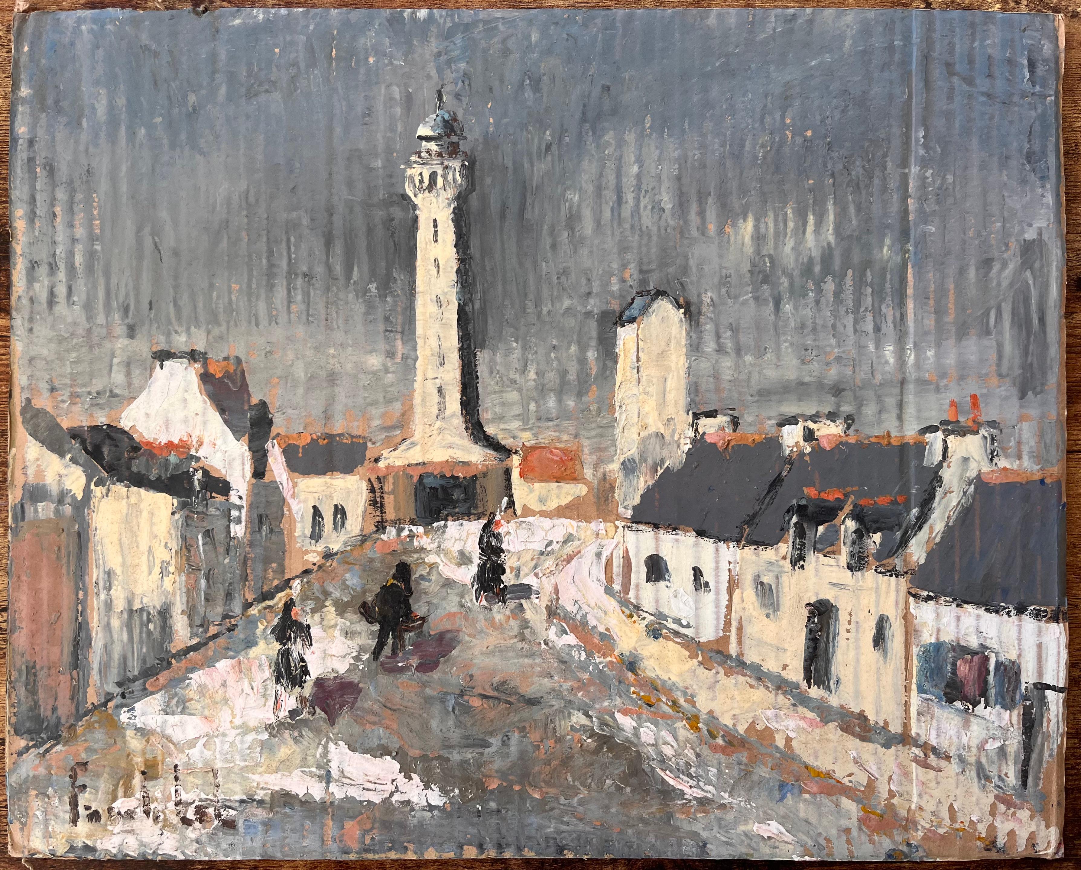 Impressionistisches Gemälde einer französischen Dorfstraße mit Leuchtturm und Figuren, Impressionismus – Painting von Fanch Lel