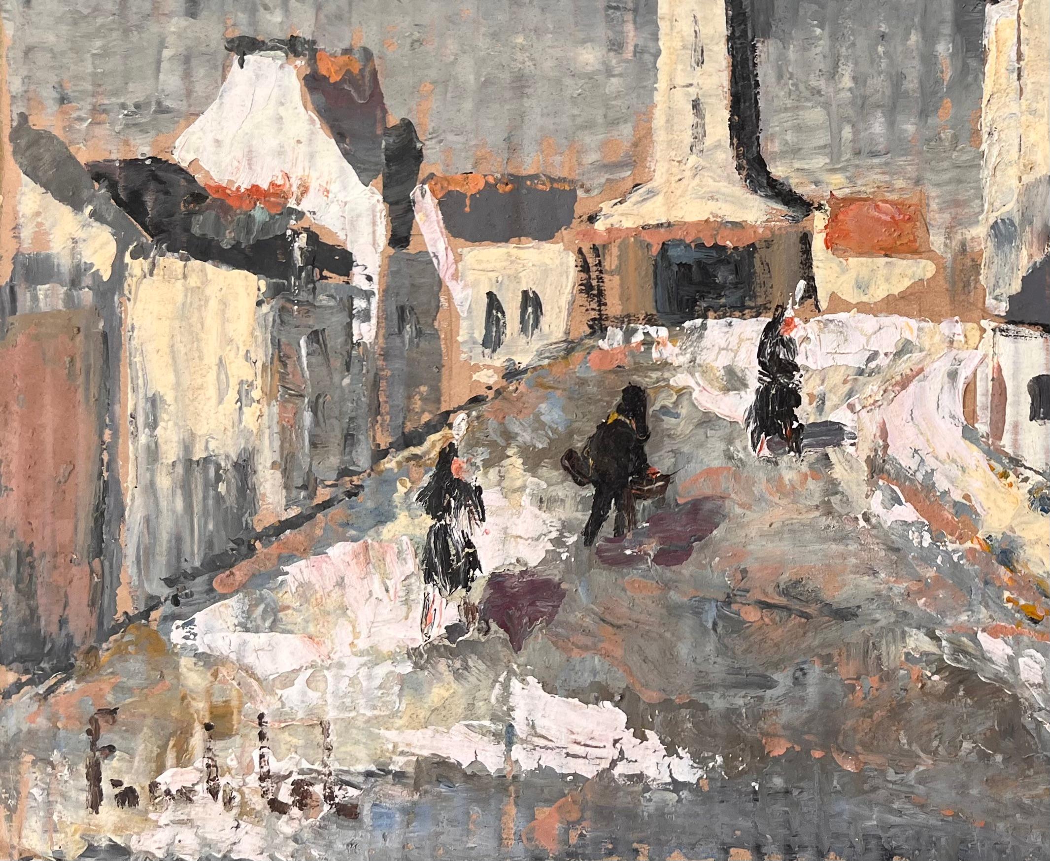 Impressionistisches Gemälde einer französischen Dorfstraße mit Leuchtturm und Figuren, Impressionismus (Grau), Abstract Painting, von Fanch Lel