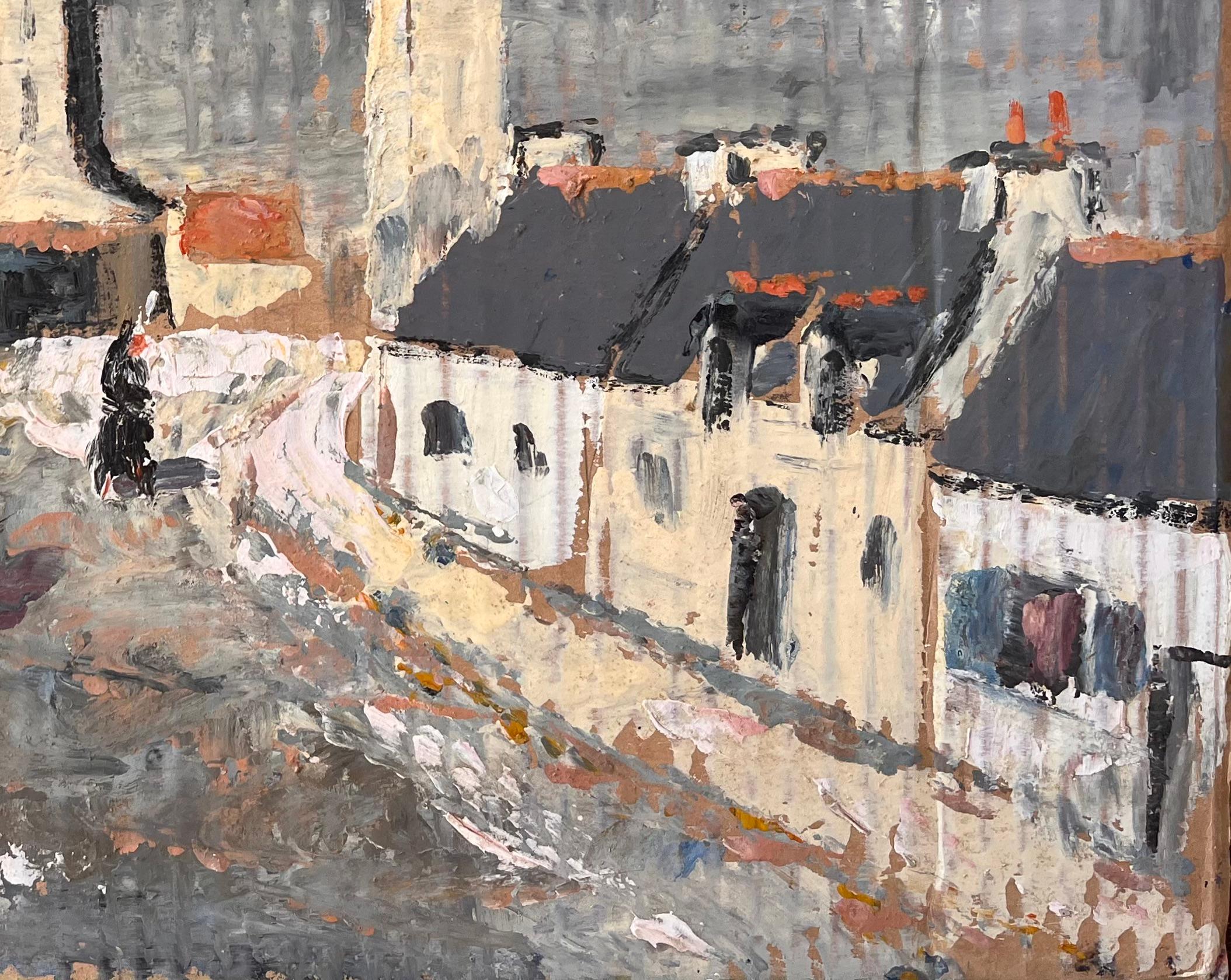 Impressionistisches Gemälde einer französischen Dorfstraße mit Leuchtturm und Figuren, Impressionismus im Angebot 1
