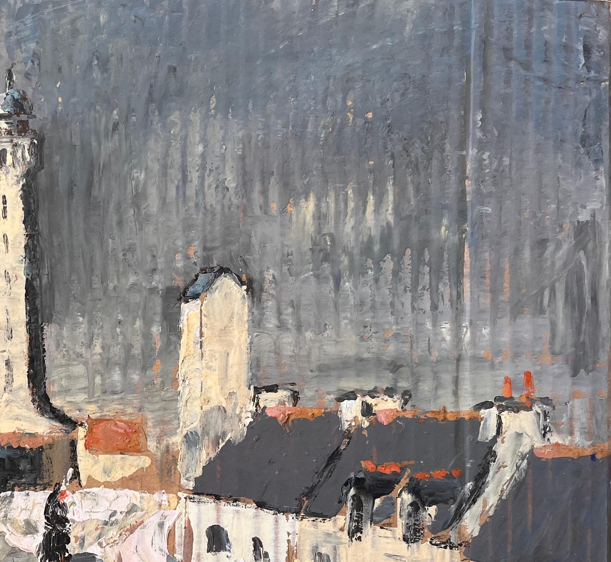 Impressionistisches Gemälde einer französischen Dorfstraße mit Leuchtturm und Figuren, Impressionismus im Angebot 2