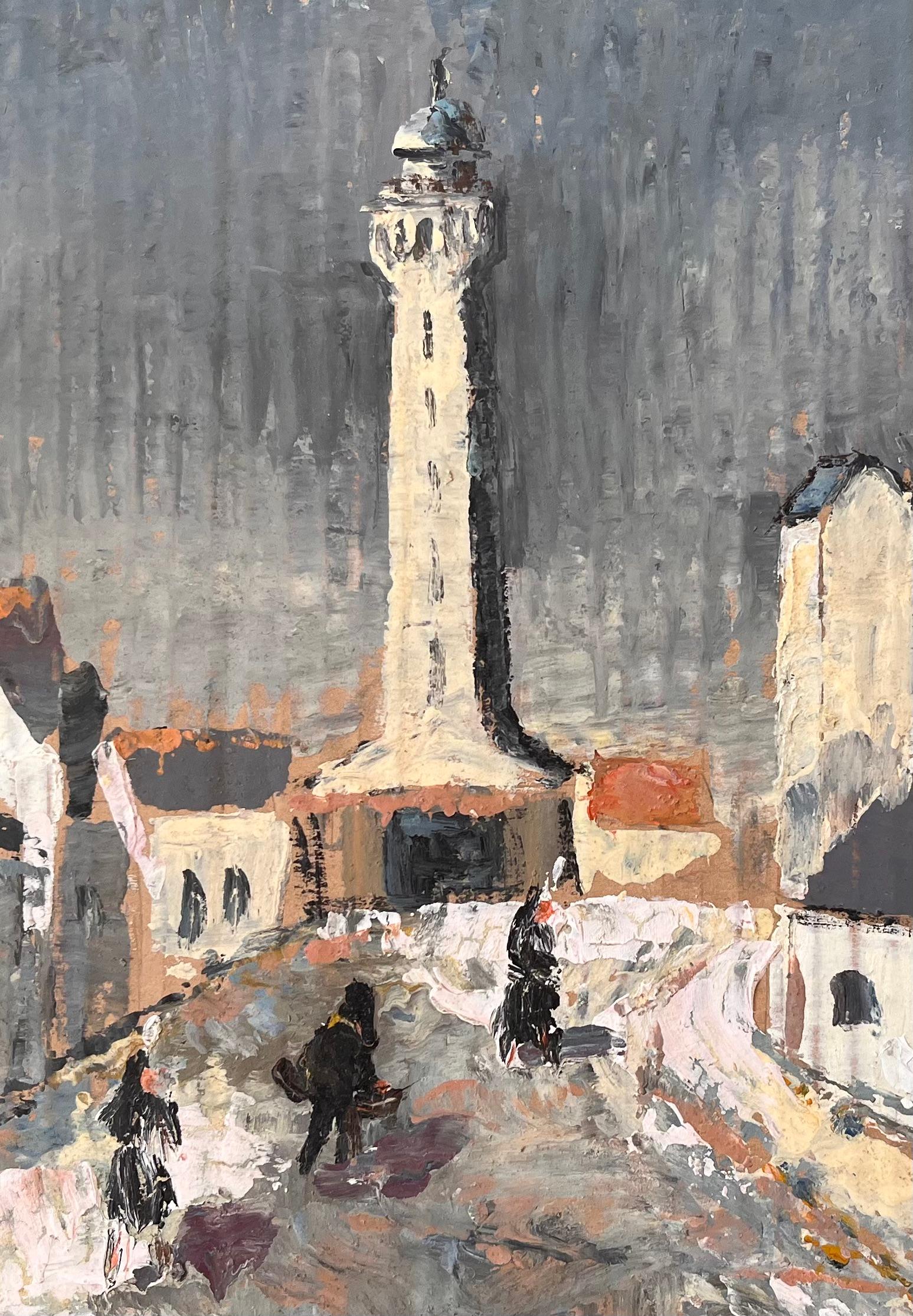 Impressionistisches Gemälde einer französischen Dorfstraße mit Leuchtturm und Figuren, Impressionismus im Angebot 3