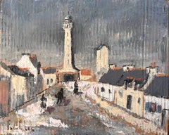 Impressionist Painting of French Village Street with Lighthouse and Figures